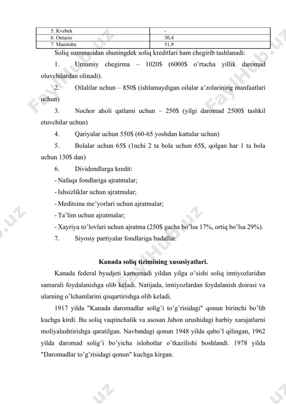 ika, telekommunikatsiya, aerokosmik tarmoqlarida ish o’rinlarini tashkil etgan korporatsiyalar uchun pasaytirilgan soliq stavkalari amal qiladi. rivojlanish jihatidan ancha sust bo’lgan va kam daromad keltiradigan kvebek provintsiyasida eng ko’p soliq imtiyozlari qo’llaniladigan va belgilanadigan soliq stavkalari boshqa provintsiyalarga nisbatan ancha past. kanada soliq tizimida to’g’ri soliqlar egri soliqlarga nisbatan salmog’i ancha yuqori. to’g’ri soliqlar ichida jismoniy shaxslardan olinadigan daromad solig’i yuqori salmoqni egallaydi. kompaniyalar foyda solig’i asosan iqtisodni tartibga solish uchun ko’llaniladi. kanada mamlakati soliq tizimi bilan o’zbekiston soliq tizimining solishtirma tahlili. o’zbekiston respublikasi soliq tizimi 2 pog’onali. 1. umumdavlat soliqlari. 2. mahalliy soliqlar va yig’imlar. umumdavlat soliqlariga qo’yidagilar kiradi: a. yuridik shaxslar daromad (foyda) solig’i. b. jismoniy shaxslar daromad solig’i c. aktsiz solig’i d. qo’shilgan qiymat solig’i e. ekologiya solig’i f. bojxona bojlari va h.k. mahalliy soliqlarga esa qo’yidagilar: a. mol-mulk solig’i, b. reklama solig’i, c. er solig’i, d. infrato’zilmani rivojlantirish solig’i va boshqalar kanada soliq tiziimi esa 3 pog’onali …