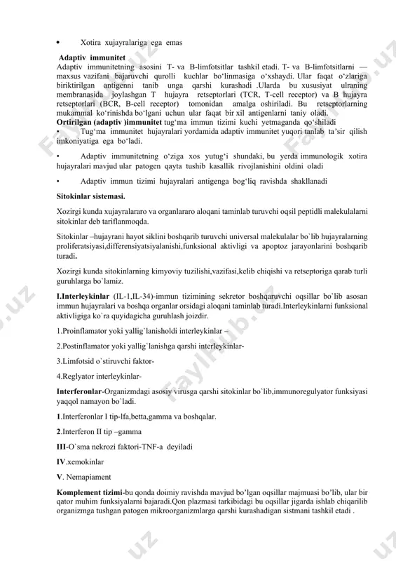 imfotsitlardan tashqari timusda yana - epetilial ( yulduzsimon , enaga ) va gematopoetik ( makrofaglar, dendrit ) hujayralarni ko‘rishimiz mumkin .timusda t limfotsitlar yetiladi, rivojlanadi va seleksiyadan o‘tadi. bundan tashqari timusda - timozin, timulin, timopoetin, insulinga o‘xshash o‘sish faktori -1 (ifr-1) kabi garmonlar ishlab chiqiladi. periferik immun tizimi aʼzolari. 1.taloq (latincha splen, lien, ) — qorin bo‘shlig‘ida joylashgan eng katta limfoid, parenhematoz periferik immun tizimi aʼzosidir. taloq tashqi tarafdan biriktiruvchi to‘qimali kapsula bilan qoplangan bo‘lib ichki tarafga qarab trabekulalar ( to‘siqlar ) shaklida kirib boradi. trabekulalar organning asosiy karkasini tashkil qilib, ular orqali arteriya va vena qon tomirlari o‘tadi . trabekulalar orasidagi taloq to‘qimasi - pulpa deb nomlanadi. taloq to‘qimasida ikkita asosiy zona ko‘riladi : qizil va oq pulpa.qizil pulpa taloq to‘qimasining 80 % ni tashkil qiladi va quydagi funksiyani bajaradi: 1.etilgan qon hujayralarini depo qilish (saqlab, ushlab turish ) 2.eritrotsitlar va trombotsitlar faoliyatini nazorat qilish, qarigan va o‘zgarganlarini parchalash. …