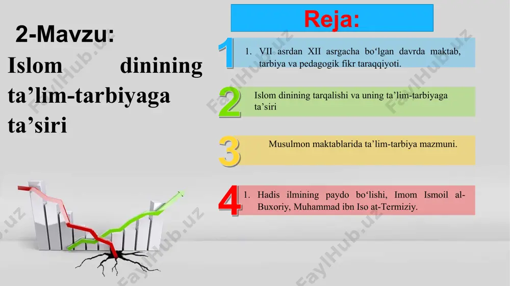 b, arab tilida «qiroat» ma'nosini anglatadi. qur'on 114 suradan iborat. qur'on kishilarni birodarlikka, tinch-totuv yashashga, ezgulikka undaydi. shuning uchun ham u katta axloqiy ahamiyatga ega. «qur'on»ning axloqiy qimmat i haqida fikryuritilar ekan, uning insonnmg ma'naviy kamolga etishida qay darajada muhim o'ringa ega ekanligiga amin bo'lamiz. markaziy osiyo xalqlari pedagogik fikrlari tarixiy taraqqiyotida vii asrda arabiston yarim orolida paydo bo'lgan va viii asrda mintaqamizga ham yoyilgan islom dini muhim ahamiyatga ega bo'ldi. chunki islom dini, uning asosiy kitobi «qur'oni karim» va undan keyingi asosiy manba hisoblangan hadislar allohga, uning payg'ambari muhammad alayhissalomga e'tiqod qilish bilan birga ota-onaga hurmat, mehnatsevarlik, ilmga intilish, o'zaro ahil bo'lish, mehr-oqibat, ehson, sabr-toqat, kamtarlik, vafo-sadoqatlilik, poklik, adolat, diyonat kabi insoniy sifatlar haqidagi jihatlari va yaxshi fazilatli hamda odob-axloqli bo'lishlik yo'llari bayon etilgan 60% 60% 40% islom dinini markaziy osiyo davlatlariga kirib kelishi islom dini markaziy osiyoda yuqori darajada keng tarqalgan din sifatida e’tirof etiladi. uning tarqalishi pomir …