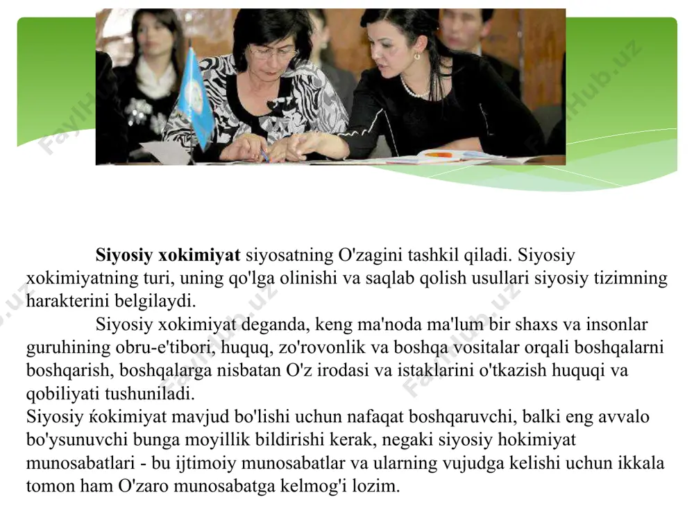 vi shu vaqtgacha tarqoq xolda bo'lgan xokimiyat munosabatlarini «oqsoqollar» va qabila boshliqlari qo'lida mujassamlashtirish zaruriyatiga olib keldi. hokimiyatninng anonim shakli o'z o'rnini individual shaklga (oqsoqollar, qabila boshliqlari, qirollar va imperatorlar hokimiyati) bo'shatib berdi. hokimiyatning dastlabki shakllari siyosiy hokimiyat asoslari hokimiyatning resurslari orqali shakllanadi. siyosiy hokimiyat resurslari de ganda hokimiyat istaklarini boshqalarga o'tkazishga yordam beruvchi barcha usul va vositalar tushuniladi.ularni beshta turga bo'lish mumkin: zo'ravonlik resurslari, ijtimoiy, iqtisodiy, informatsion (axborot) va ideologik resurslar. siyosiy hokimiyat asoslari zo'ravonlik resurslari - bu hokimiyatni ta'minlovchi eng asosiy resurslar, ularga: armiya, politsiya, xavfsizlikning turli xizmatlari, prokuratura, sud va ularga tegishli vositalar (qurollar, qamoqxonalar va x.k) kiradi. bu resurslar jamiyatda tartibni saqlashda, jamiyat va siyosiy hokimiyatning xavfsizigini ta'minlashda ishlatiladi. siyosiy xokimiyatning ijtimoiy resurslariga davlat organlarida ishlovchilarning ijtimoiy ta'minlanishi, jamiyatning siyosiy xokimiyatni qo'llab-quvvatlashi (legitimlik) kiradi. hokimyatning zo'ravonlik resurslari davlat hokimyati davlat hokimyati-bu zo’rlikka asoslangan siyosiy hokimiyat bo’lib u jamiyatda turli millat va guruhlar o’rtasidagi iqtisodiy, siyosiy va …