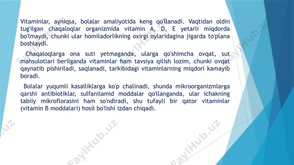 chalanishini tezlashtiradi, yurak urishining kuchi oshadi, ortiqcha qo'zg'aluvchanligi kamayadi, yurakning notekisurishi — aritmiya bartaraf bo'lishi yoki kamayishi mumkin. kokarboksilaza tiaminning faol shakli bo‘lsa ham b1 gipovitaminoz, avitaminozda qo‘llanmaydi. kokarboksilaza diabet atsidozida, jigar va buyrak yetishmovchiligida, diabet va jigar komasida, yurak, toj tomirlar yetishmovchiligida, yurak aritmiyasida, gipoksiya holatlarida qoilanadi. kokarboksilaza katta dozalarda bolalarda moddalar almashinuvi buzilishi bilan bog’liq tug‘ma kasalliklarda ham qoilanadi, modda parenteral — mushaklar orasiga yuboriladi. vitamin b2— riboflavin ko‘p miqdorda sut-qatiq mahsulotlari, tuxum, jigar, buyrak, boshoqli don o‘simliklarida mavjud. ko‘z faoliyatida, gemoglobin hosil bo’lishida riboflavinning ahamiyati katta. riboflavin yetishmovchiligida ishtaha pasayadi, bosh og'riydi, teri, ko'z qichishadi, og'iz burchaklari bichiladi, og'iz quriydi, til qizaradi, bemor yorug'likka qarashga qiynaladi, kon’yunktivit, blefarit paydo bo'ladi. riboflavin yetishmovchiligida anemiya kelib chiqadi, bolalarda oshqozon sekretsiyasi, ichak fermentlarining faolligi ham kamayadi. riboflavinni qo'llanishi: organizmda yetishmaganda, ko'z kasalliklarida kon’yunktivit, irit, katarakta, ko'z shox pardasi yarasida; me’da-ichak, teri, nur kasalligida, bolalarda gipotrofiya, anemiya, jigar, oshqozon kasalliklarida, disbakteriozni …