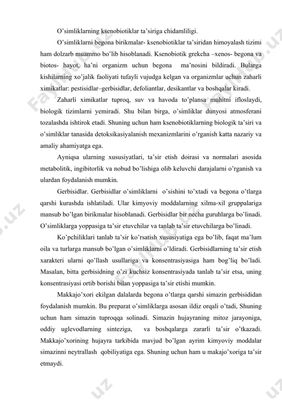 n. makkajo’xori ekilgan dalalarda begona o’tlarga qarshi simazin gerbisididan foydalanish mumkin. bu preparat o’simliklarga asosan ildiz orqali o’tadi, shuning uchun ham simazin tuproqqa solinadi. simazin hujayraning mitoz jarayoniga, oddiy uglevodlarning sinteziga, va boshqalarga zararli ta’sir o’tkazadi. makkajo’xorining hujayra tarkibida mavjud bo’lgan ayrim kimyoviy moddalar simazinni neytrallash qobiliyatiga ega. shuning uchun ham u makajo’xoriga ta’sir etmaydi. gerbisidlardan g’o’za maydonlaridagi begona o’tlarga qarshi ko’rashda ham foydalaniladi. bulardan eng muhimlari monouron, diuron, kotoran va boshqalar. bu gerbisidlar begona o’tlarning fotosintez va nafas olish jarayonlarining o’zgarishiga ham katta ta’sir etadi. umuman, hozirgi vaqtda qishloq xo’jaligida begona o’tlarga qarshi kurash maqsadida foydalanish mumkin bo’lgan 200 dan ortiq gerbisid aniqlangan. defoliantlar va desikantlar. sun’iy ingibitorlar gruppasiga o’simliklarning bargini to’kib yuboradigan defoliantlar va o’simliklarni tezda quritib yuboradigan desikantlar ham kiradi. defoliantlar keyingi yillarda paxtachilikda keng qo’llanilib kelmoqda, chunki hosilni yig’ishtirib olish jarayonini mexanizasiyalash defoliantlarga bo’lgan ehtiyojini oshiradi. defoliasiya g’o’zaning barg bandida ajratuvchi qatlam hosil qiladi va barglarning …