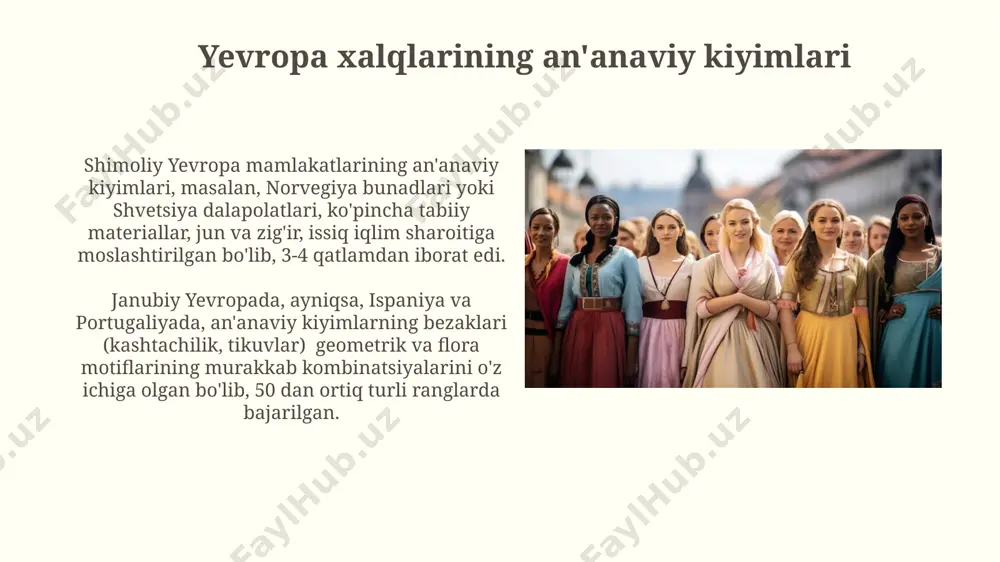 yg'onish davri (14-16 asrlar) me'morchiligi klassik antiqa me'morchiligi elementlarini, simmetriyani va geometrik aniqlikni o'zida mujassam etgan, 30 dan ortiq buyuk saroy va villalar buning yaqqol misolidir. barokko uslubi (17-18 asrlar) murakkab bezaklar, egri chiziqlar va dramatik kontrastlar bilan tavsiflanib, 100 dan ortiq saroy va cherkovlar ushbu uslubda qurilgan. yevropa xalqlarining ijtimoiy tuzilmalari европа халқларининг кўпчилигида ядроли оила модели, 2-3 авлод бирга яшаши кенг тарқалган бўлиб, бу этник гуруҳларга хос ижтимоий табақаланишга таъсир кўрсатади. қишлоқ жойлардаги анъанавий жамоавий тузилмалар, хусусан, 50 дан ортиқ хонадондан иборат қишлоқ жамоаларида, яқин қариндошлик алоқалари ва ўзаро ёрдамга асосланган ижтимоий тартиб сақланиб қолган. yevropa xalqlarining dinlari yevropa xalqlarining 70% dan ortig'i xristian diniga mansub bo'lib, ularning ichida katoliklar, pravoslavlar va protestantlar kabi turli mazhablar mavjud. yevropada yahudiylik dini qadimgi va uzoq tarixga ega bo'lib, hozirgi kunda taxminan 1,5 million yahudiy yashamoqda, bu ularning diniy va madaniy merosini saqlab qolishga intilayotganini ko'rsatadi. e'tiboringiz uchun rahmat @taqdimot_robot image2.jpg …