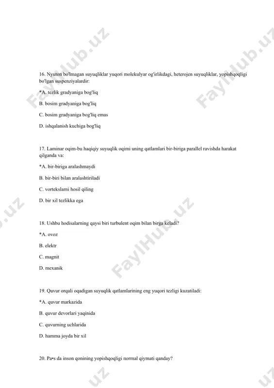ning yopishqoqligi normaga nisbatan kamaysa, uning tomirlar orqali o'tishi *a. turbulent bo'ladi b. laminar bo'ladi c. statsionar holga keladi d. qiyin 39. ideal suyuqlik …………….. suyuqlik: a. nyuton tenglamasiga bo'ysunish * b. siqilmaydigan, yopishqoqligi yo'q c. statsionar oqimga ega d. barqaror oqim xususiyatiga ega 40. suyuqlikning yopishqoqligi: a. suyuqlik tezligining haroratga bog'liqligi *b. ichki ishqalanish c. kesish tezligining maydonga bog'liqligi d. suyuqlik zichligining uning massasiga bog'liqligi 41. nyutonga oid bo'lmagan suyuqliklarga quyidagilar kiradi: a. eritilgan metallar *b. polimer eritmalari c. suv d. kichik molekulali birikmalar 42. turbulent oqim hisoblanadi: *a. vihrevim b. statsionar c. qatlamli d. barqaror 43. nyuton suyuqliklarini o'z ichiga oladi: a. yopishqoqlik kesish tezligiga bog'liq b. kesish tezligi haroratga bog'liq c. yopishqoqlik tezlik gradyaniga bog'liq * d. yopishqoqlik tezlik gradyanidan mustaqil 44. gess viskozimetri bilan suyuqlikning yopishqoqligini aniqlash usuli quyidagilarga asoslangan: a. o'rganilayotgan va mos yozuvlar suyuqliklarining bir xil hajmlardan chiqib ketish vaqtini taqqoslash b. tekshirilayotgan suyuqlikda …