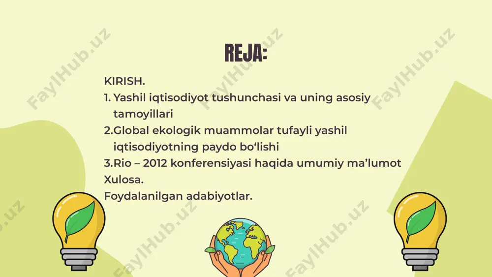 kazmagan holda energiya taʼminotini amalga oshirilishini koʼzda tutadigan kontseptsiyadir. bunda isteʼmol talabini imkon qadar tiklanadigan energiya manbalari evaziga qondirilishi maqsad qilingan. energetikaning ushbu turi “musaffo energiya” ham deyiladi. global ekologik muammolar tufayli yashil iqtisodiyotning paydo bo‘lishi — bu insoniyatning atrof-muhitga yetkazayotgan zararini kamaytirishga qaratilgan muqobil iqtisodiy modelning shakllanish jarayonidir. issiqxona gazlari (asosan co₂) konsentratsiyasining ortishi sayyoramiz haroratining oshishiga olib kelmoqda. sanoat chiqindilari, avtomobillar va energiya ishlab chiqarishdagi yondirilgan yoqilg‘ilar havo va suv sifatini yomonlashtirmoqda. neft, ko‘mir, gaz kabi tugamaydigan resurslarga tayanish ularning kamayib borishiga olib keldi. iqlim o‘zgarishi 1. 2. 3. atmosfera va suv ifloslanishi tabiiy resurslarning tugashi 2023 – yil dunyo mamlakatlarida chuchuk suv zaxiralarining aholi jon boshiga to’g’ri keluvchi eng ko‘p va eng oz mamlakatlar barqaror rivojlanishni taʼminlash borasidagi xalqaro amaliy faoliyat bmt tashabbusi bilan ilgari surilgan. 2000 yilda bmt bosh аssambleyasi tomonidan ming yillik rivojlanish maqsadlari qabul qilindi va 2015 yil qoʼyilgan maqsadlarga erishishni hisoblash yili sifatida …