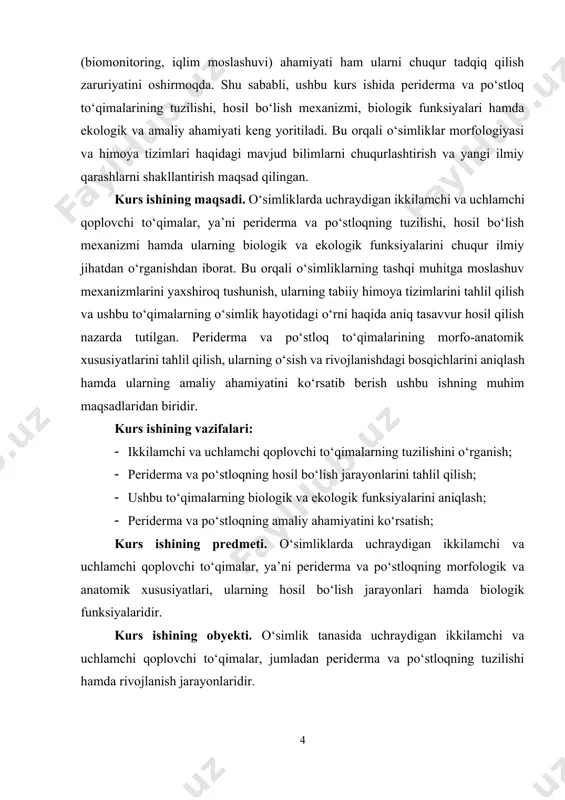 ish, gaz almashinuvi va ayrim hollarda fotosintez funksiyalarini bajara oladi. biroq o‘simlik organlari ikkilamchi o‘sishga kirgach, ya’ni diametri yoki qalinligi bo‘yicha o‘sishni boshlaganda, epiderma bu o‘zgarishlarga bardosh bera olmaydi. u cho‘zilish yoki siqilish natijasida yoriladi, quriydi yoki to‘kilib ketadi. bu holat, ayniqsa, ko‘p yillik o‘simliklar, daraxtlar, butalar va ularning ildizlarida ayniqsa yaqqol ko‘zga tashlanadi. o‘simlik tashqi muhitdan doimiy himoya talab etar ekan, epiderma o‘rnini yangicha, bardoshli va ko‘p funksiyali qoplovchi to‘qima — periderma egallaydi. periderma bu o‘rinda o‘simlik tanasining yangi, mustahkam va uzoq muddatli himoya to‘qimasi sifatida shakllanadi. 1.1.1-rasm. periderma. peridermani shakllantirishda o‘simlikda mavjud bo‘lgan ayrim hujayralar o‘z faoliyatini o‘zgartiradi va qayta meristematik faollik kasb etadi. bu hujayralar epiderma ostida yoki po‘stloqning chuqurroq qatlamlarida joylashgan bo‘lishi mumkin. ular bo‘linish xususiyatiga ega bo‘lib, yangi meristema – fellogen (qoplovchi kambiy) ni hosil qiladi. fellogen odatda tashqi tomonga fellem (yog‘li moddalar bilan qoplangan o‘lik hujayralar), ichki tomonga esa felloderm (tirik, ko‘proq parenximatik tuzilgan …