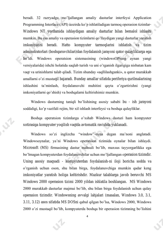 mumkin qadar keng imkoniyatlar yaratish holiga keltirishdir. mazkur talablarga javob beruvchi ms windows 2000 operasion tizimi 2000 yildan ishlatila boshlangan. ms windows 2000 murakkab dasturlar majmui bo’lib, shu bilan birga foydalanish uchun qulay operasion tizimdir. windowsning avvalgi lahjalari (masalan, windows 3.0, 3.1, 3.11, 3.12) asos sifatida ms dosni qabul qilgan bo’lsa, windows 2000, windows 2000 o’zi mustaqil bo’lib, kompyuterda boshqa bir operasion tizimning bo’lishini 5 talab qilmaydi. lekin shu bilan birga bu muhitda ms dos va windowsning eski lahjalari bilan ishlash imkoniyati saqlangan. operasion tizim sifatida ms windows 98/2000 quyidagi afzalliklarga ega: o’zlashtirishda nihoyatda oddiy va imkoniyatlaridan foydalanish ko’lami qulay u yuqori samaradorlikka ega va mazkur xususiyati bilan windowsning istalgan avvalgi lahjalaridan keskin farqlanadi. xususan, microsoft firmasi yangi 32 razryadli yadroni tadbiq etish bilan samaradorlik va ishonchlilikni keskin oshirishga erishdi; iste’molchi atiga bitta dasturiy ta’minot mahsulotini xarid qilib, qator muhim imkoniyatlarni qo’lga kiritadi: universal tarmoq mijoziga aylanadi, elektron pochtadan foydalana …