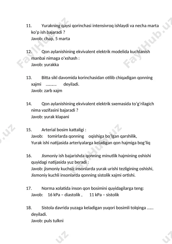 aruvchi qurilmaning nomi nima ? javob: oksigenerator 20. yurak t=0.3 s vaqtda a=1j ga teng ish bajarsa, yurakning quvvatini aniqlang: javob: 3.3 vt , a/t (shu savol kop javopli bolishi kere diqqatli bolila) 6-mavzu 1. stalagmometr nima maksadda ishlatiladi ? javob: suyuqlikning sirt tarabgligini aniqlash uchun 2. sirt taranglik koeffitsienti qanday ifodalanadi ? javob: f/l 3. sirt – aktiv moddalar sirt taranglikni …. javob: kamayadi 4. sirt tarangik koeffitsiyenti qanday ifodalanadi ? javob: f/l, a/s 5. sirt taranglik koeffitsiyenti si sistemasidagi o’lchov birligi : javob: n/m 6. xo’llovchi suyuqlik uchun chegaraviy burchak javob: o’tkir, 90 gradusdan kichik 7. sirt taranglik koeffitsiyentining sgs sistemadagi o’lchov birligi : javob: dn/sm 8. laplas formulasiga ko’ra qo’shimcha bosim qanday kattaliklarga bog’liq ? javob: sirt taranglik koeffitsientiga, menisk radiusiga 9. kapillyarda kavarik menisk kachon xosil boladi ? javob: xo’llamaslikda 10. qachon suyuqlik kapillyarda pasayadi ? javob: botiq meniskda, xo’llamaslikda 11. laplas formulasiga ko’ra ko’shimcha bosim …