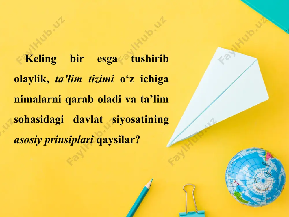 ta’limning quyidagi qonuniyatlari mavjud: 6 o‘quv jarayoni o‘qituvchi hamda o‘quvchining maqsadlari muvofiq kelgan holda yuz beradi 4 5 alohida bir shaxsni u yoki bu faolnyatni o‘rganishga yo‘llash uni ushbu faoliyatga jalb etish orqali erishiladi ta’limning maqsadi, bilim olishning mazmuni va ta’lim metodlari orasida doimiy bog‘liqlik mavjud bo‘ladi; ta’limning maqsadi ta’lim mazmunini va metodini belgilab beradi o‘zbekiston respublikasida ta’lim quyidagi turlarda amalga oshiriladi: maktabgacha ta’lim; umumiy o‘rta ta’lim; o‘rta maxsus, kasb-hunar ta’limi; oliy ta’lim; oliy o‘quv yurtidan keyingi ta’lim; kadrlar malakasini oshirish va ularni qayta tayyorlash; maktabdan tashqari ta’lim. vazifalar ta’lim jarayonlari va ularni amalga oshirish shartlarini ta’riflash va tushuntirish didaktikaning asosiy vazifalari ta’lim jarayonini yanada mukammal tashkil etish, ta’lim tizimlari va texnologiyalarini ishlab chiqish ta’lim jarayoni uchun xos bо‘lgan umumiy qonuniyatlarni aniqlash, omillarini tahlil qilish va ta’riflash ta’limning mazmuni ilmiy bilimlar, ko‘nikma va malakalar tizimidir. o‘quvchi ilmiy bilim, ko‘nikma va malakalarni egallash jarayonida aqliy va jismoniy qobiliyatlarini rivojlantiradi, dunyoqarashi, ahloqi …