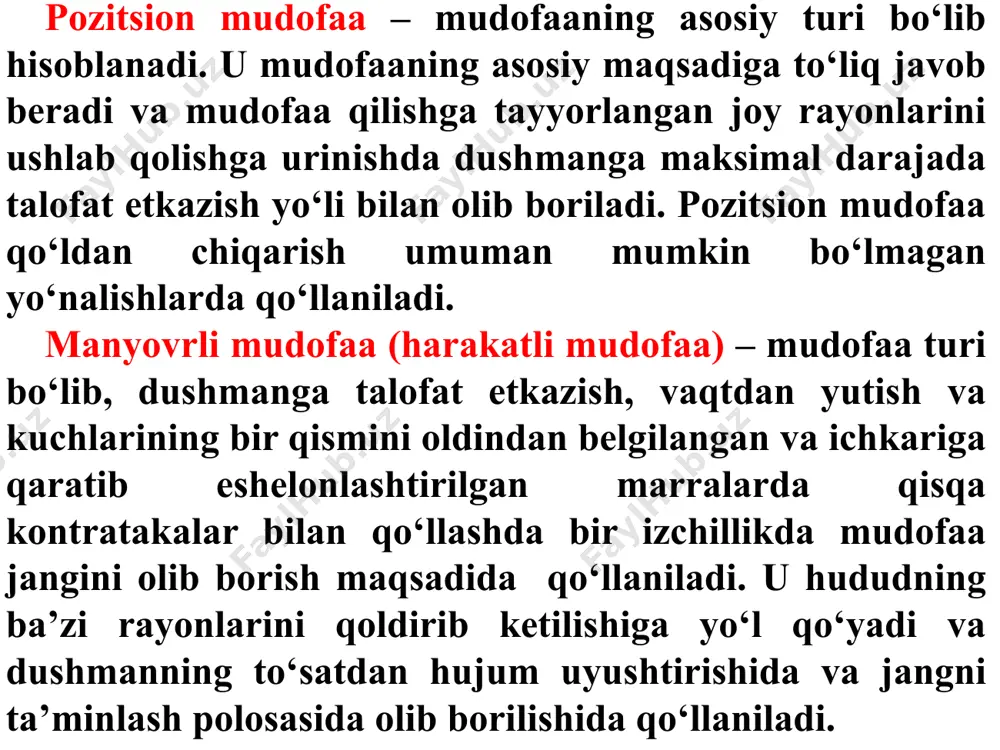 400 m gacha va ichkariga 300 m gacha bo‘lgan tayanch punktni egallaydi. batalon (vzvod) mudofaasining tuzilishi batalon (vzvod) ning jangovar tartibi, bo‘linmalarning tayanch punktlari va o‘t ochish pozitsiyalari tizimi, o‘t ochish tizimi hamda muhandislik to‘siqlari tizimini o‘z ichiga oladi. 3. turli sharoitlarda mudofaaaga o‘tish. image1.jpeg image2.jpeg image3.jpeg image4.jpeg image5.emf oleobject1.bin image6.jpeg image7.jpeg image8.jpeg 4 км гача 2,5 км гача р ез 3/1 мўв 1 км га ча 1 км гача ткп 2 мўв 3 мўв 2 мўб 1,5 км гача 600 м гача тқгр мттв 600 м гача 1 мўгр 3 мўгр 2 мўгр ò 1 мўв (3 мўгр сиз) минбатр тюзрк ммгр 10-расм. мотоўқчи батальон (батальон тактик гуруҳи) нинг бир эшелонга тузилган мудофаа райони ва жанговар тартиби /docprops/thumbnail.jpeg