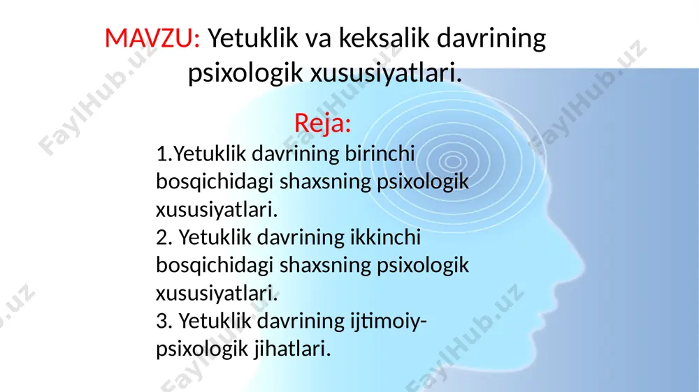 anib qolmaydi, haqiqat, go‘zallik, yaxshilik kabi oliy qadriyatlarga intiladi. ular o‘z faoliyatlarida yuksak cho‘qqilarga intiladilar. 0’z-o‘zini namoyon qilish uchun o‘z ustida tinmay ishlashni talab qiladigan jarayondir. g.olportning ta’kidlashicha, shaxsning yetukligi motivatsiyasining funksional avtonomligi bilan belgilanadi. olportning fikricha, o‘z-o‘zini namoyon qiladigan shaxs quyidagi xislatlarga ega bo'ladi: a) tashqi dunyoga qiziqish, men hissi kengaygan; в) boshqalarga nisbatan g‘amxo‘rlik (hamdardlik, hurmat, chidamlilik); d) emotsional xavfsizlikni fundamental his qilish (o‘zini nazorat qilish, o‘zini qabul qilish); e) borliqni real idrok qilish va harakatlardagi faollik; f) o‘z-o‘zini tushunish, ichki tajribasini vaziyatga ko‘chirish; g)«hayot falsafasi», tajribani tartibga soladi, tizimlashtiradi va individual xatti-harakatlarga ma’no beradi. yetuklikning bosqichlari turli olimlar tomonidan turlicha talqin qilingan. yetuklik davrini birinchilardan bolib davrlashtirgan sh.byuler o‘z-o‘zini aniqlashni asos qilib, yetuklikning beshta bosqichini ajratgan. bosqichlar; birinchi bosqich (16—20 yosh) shaxsiy o‘z-o‘zini belgilashdan oldin keladi. 192 ikkinchi bosqich (16-20 yoshdan 25-30 yoshgacha) - urinib ko‘rish va izlash bosqichidir (kasb, umr yoldosh va b.). bu davrda hayotiy …