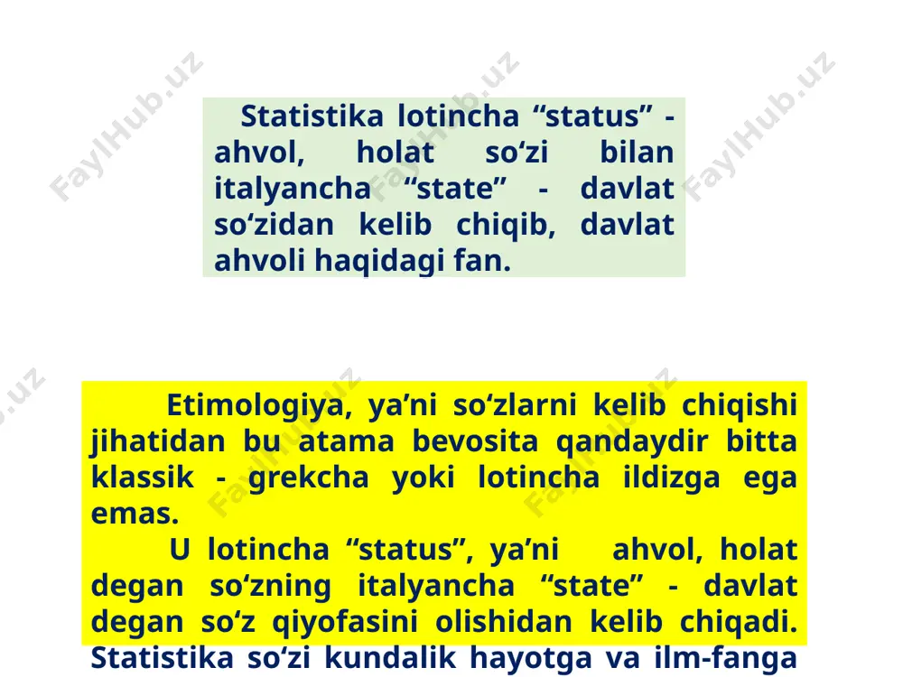 otsial-psixologik, ijtimoiy-demografik va hokazo hodisalar hamda atrof-muhit holati haqidagi ma’lumotlar majmuasi tushuniladi. bunday mazmunda bu so‘z ko‘proq davriy matbuot sahifalarida va axborot vositalarida ishlatiladi; - ma’lumotlarni to‘plash va qayta ishlash jarayoni ham statistika deb yuritiladi; - statistik ko‘rsatkichlarni hisoblaydigan va saqlaydigan, axborot xizmatlarini ko‘rsatadigan maxsus tashkilotlar nazarda tutilganda ham statistika so‘zi foydalaniladi. masalan, gazeta sahifalarida “statistika bergan ma’lumotlarga ko‘ra” degan ibora tez-tez uchrab turadi; 8 - yirik korxona va idoralarda ho‘jalik faoliyat haqidagi ko‘rsatkichlarni hisoblash va hisobotlar tuzish bilan shug‘ullanadigan bo‘lim nomi ham statistika deb yuritiladi; - statistika deb maxsus ilm-fan yo‘nalishi ham ataladi; - statistika deganda turli ilmiy-texnika sohalarida gipotezalar yasash, baholash va yechimlar qabul qilish jarayonida statistik uslubiyatni tatbiq qilish ham tushuniladi; - nihoyat, matematikada turli mezonlar va umumlashtiruvchi ko‘rsatkichlar statistika deb yuritiladi. - statistika o‘rganadigan obyekt, ya’ni, ommaviy hodisa va jarayonlarning sifat-miqdor aniqligi, ularning rivojlanish qonuniyatlarini miqdoriy nisbatlarda yuzaga chiqishi, o‘rganilayotgan ob’yekt mazmunini belgilaydigan bilimlar majmuasi tushuniladi. …