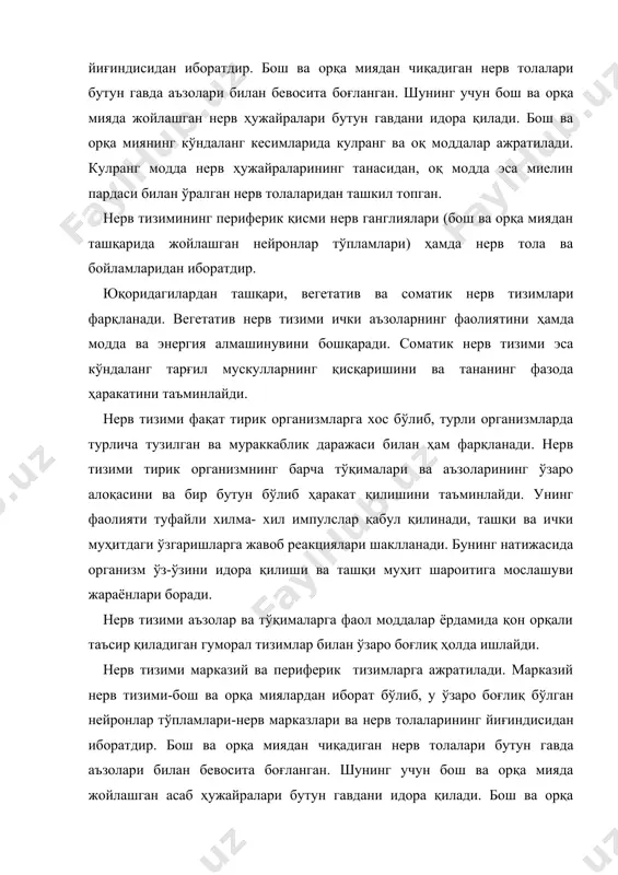 асаб ҳужайралари бутун гавдани идора қилади. бош ва орқа миянинг кўндаланг кесимларида кулранг ва оқ моддалар ажратилади. кулранг модда асаб ҳужайраларининг танасидан, оқ модда эса миелин пардаси билан ўралган нерв толаларидан ташкил топган. нерв тизимининг периферик қисми нерв ганглиялари (бош ва орқа миядан ташқарида жойлашган нейронлар тўпламлари) ҳамда нерв тола ва бойламларидан иборатдир. юқоридагилардан ташқари, вегетатив ва соматик нерв тизимлари фарқланади. вегетатив нерв тизими ички аъзоларнинг фаолиятини ҳамда модда ва энергия алмашинувини бошқаради. соматик нерв тизими эса кўндаланг тарғил мускулларнинг қисқаришини ва тананинг фазода ҳаракатини таъминлайди. нейрон – нерв тўқимаси демакдир. турли ахборот уч хил нейронлар бўйича ўтказилади ва узатилади. биринчи типдаги нейронлар – сезувчи ёки афферент нейронлар. улар ахборотни сезувчи нерв учларидан ёки махсус тузилмалардан – рецепторлардан бош ва орқа миялардаги нерв марказларига олиб боради. нерв марказларида олинган маълумотнинг қайта ишлови амалга оширилади. ахборотнинг қайта ишловида иккинчи гуруҳ нейронлари – оралиқ нейронлар иштирок этади. бу нейронлар бош ва орқа …