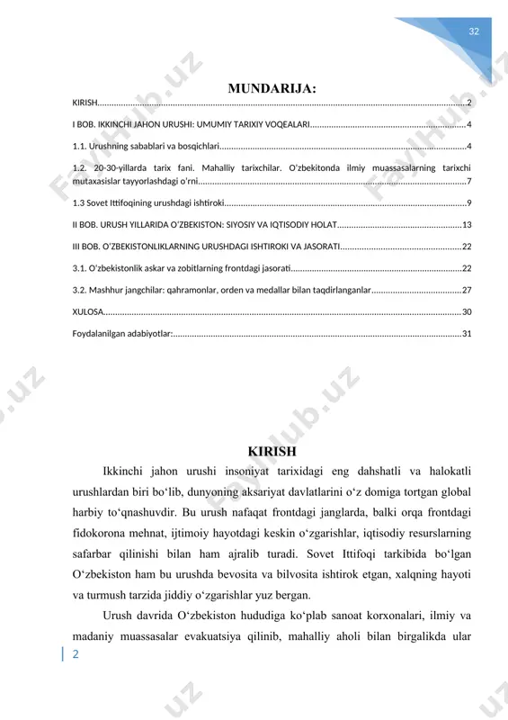 o‘rin egallaydi. mavzuning dolzarbligi: ikkinchi jahon urushi insoniyat tarixida o‘zining keng ko‘lamli harbiy harakatlari, misli ko‘rilmagan talofatlari va chuqur iz qoldirgan ijtimoiy-iqtisodiy oqibatlari bilan ajralib turadi. o‘zbekiston xalqi bu urushda nafaqat frontda, balki orqa frontda ham jasorat va fidokorlik namunalarini ko‘rsatgan. urush yillarida yuz minglab o‘zbekistonliklar jang maydonlariga yo‘l olgan, millionlab kishilar esa sanoat, qishloq xo‘jaligi va boshqa sohalarda mehnat qilgan. bundan tashqari, evakuatsiya qilingan korxonalar, muassasalar va aholi o‘zbekistonda joylashtirilgan bo‘lib, bu hudud urush davomida muhim strategik mintaqalardan biriga aylangan. mustaqillik yillarida tarixiy voqealarga bo‘lgan yondashuv yangilandi, tarixshunoslikda erkin va xolis baholar berila boshlandi. bu esa ikkinchi jahon urushi yillarida o‘zbekistonning tutgan o‘rnini qayta ko‘rib chiqish, mavjud manbalarni ilmiy asosda tahlil qilish zaruratini tug‘dirdi. ayniqsa, xalqimizning urush davridagi fidoyiligi, birdamligi va jasorati bugungi tinchlik va barqarorlikni qadrlashda muhim tarbiyaviy ahamiyat kasb etadi. kurs ishi mavzusining o‘rganilish darajasi: ikkinchi jahon urushi yillaridagi o‘zbekiston tarixiga oid masalalar turli davrlarda tarixchilar, olimlar …