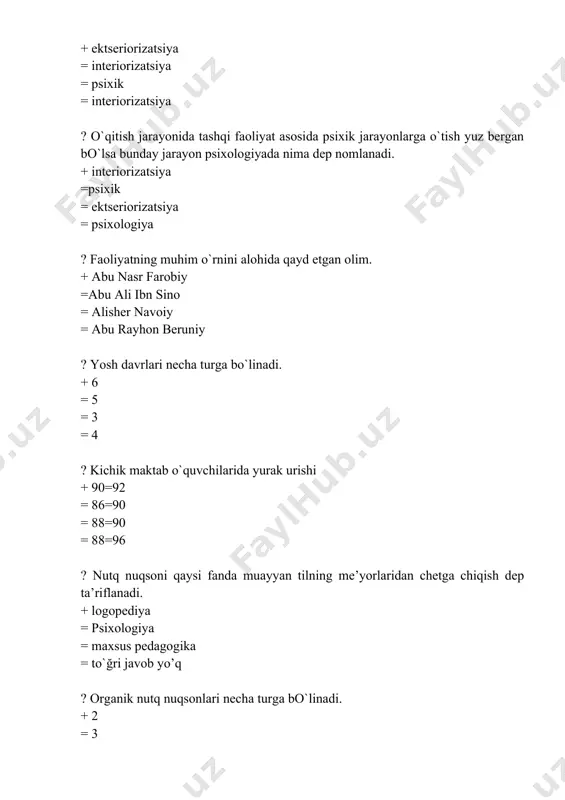 hlandi? +20 asr =22 asr =24 asr =18 asr ?nechanchi yillarda karlar maktabiga o'quvchilarni qabul qilishda o'tkazgan tekshiruvlarida shuni ko'rsatdiki 30% dan ko'proq birinchi sinf o'quvchilarida rrs mavjud? +1993=1994 yillarda =1993=1995 yillarda =1992=1994 yillarda =1992=1995 yillarda ?rrs kar bolalarda qanday cerebrosteniya kuzatiladi? +kuchli charchoq =bosh og'rigan =oyoq og'rig' =kuchli stres ?ruhiy rivojlanishi sustlashgan kar bolalarda nutqiy mantiqiy tafakkurni rivojlantirish necha bo'limdan iborat? +3 =4 =6 =2 ? rrs bolalar necha guruhga ajratiladi? +3 =4 =8 =9 ?necha yil davomida maxsus bolalar muassasalariga qatnagan bolalarning lug'atidagi so'zlar bo'lib ularning tovush harf tarkibi buzilgan yoki noto'liq bo'ladi? +4=5 yil =5=6 yil =2=3 yil =3=4 yil ?52 nafar ko'zi ojiz bolalardan necha nafarida ikkilamchi nuqson sifatida nutqning rivojlanmaganligi kuzatiladi? +13 nafarida =12 nafarida =11 nafarida =14 nazariyasi ?evolyusiyaning beshinchi davri rivojlanishida nuqsoni bo'lgan bolalarga jamoaning munosabati nechanchi yildan boshlab hozirgi vaqtgacha hisoblanadi? +1970 yildan =1971 yildan =1976 yildan =1977 yildan ?ko'rishda nuqsoni bo'lgan …