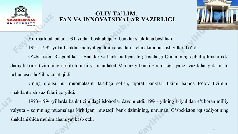 irligi 5). banklarning iqtisodiyotni aniq sektorida ishlayotgan korxonalarni, xususan dehqon, fermer xo‘jaliklarini hamda kichik va o‘rta biznes subyektlarini kreditlash jarayonini kengaytirish; 6). banklarni investitsiya jarayonlarining faol ishtirokchilariga aylantirish; 7). banklarning mijozlar bilan o‘zaro manfaatli sheriklik munosabatlarini shakllantirish; 8). aholining bank-moliya tizimiga bo‘lgan ishonchini oshirish; 9). xorijiy banklar va boshqa moliya institutlari bilan hamkorlikni kengaytirish, valyuta munosabatlarini erkinlashtirish va kengaytirish kabi vazifalar belgilandi. 11 oliy ta’lim, fan va innovatsiyalar vazirligi o‘zbekiston respublikasi markaziy bankining vazifalari va funksiyalari markaziy bank mazkur tizimning bosh banki bo‘lib, pul-kredit siyosatini, emissiya jarayonlarini olib boradi va milliy pulning barqarorligini ta’minlovchi muassasa hisoblanadi. 1995-yil 21-dekabrda «o‘zbekiston respublikasining markaziy banki to‘g‘risida» gi qonuni qabul qilindi. markaziy bank maqomi va maqsadlari «o‘zbekiston respublikasi markaziy banki yuridik shaxs bo‘lib, faqat davlat mulki hisoblanadi. o‘zbekiston respublikasi markaziy banki – iqtisodiy jihatdan mustaqil muassasa, o‘z xarajatlarini o‘zining daromadlari hisobidan amalga oshiradi, o‘zbekiston respublikasi davlat gerbining tasviri tushirilgan va o‘z nomi yozilgan muhrga …