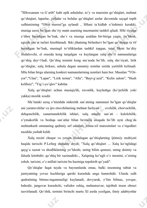 ar bizgacha etib kelgan eng qadimiy hisoblangan mahmud qoshgariyiing "devoni lug`atit turk" asarida "qoshug`" shaklida berilgan bo’lib, bu so’zning izohi she`r, qasida deb ko’rsatilgan. shuningdek "qo’shiq" so’zini yusuf xos xojibning "qutadg`u bilig" asarida, xii asrda yozilgan mahmud qoshg`ariyning "muqaddimatul - adab" lug`atida ham shunday ma`nolarni uchratamiz. xususan alisher navoiyning "mezonul - avzon" va zahiriddin boburning "risolai aruz" asarlarida so’zi surud, ayolg`u, lahn, turki tarona, ashula, chilga (chinga) nomi bilap ham ta.rqalgan. ular qo’shiqning turli janrlarini atash uchun qo’llanilganligi bayon qilinadi. o’zbek xalq qo’shiqlari shu darajada ko’p va xilma-xilki, uning barcha namunalari hali tula ravishda o’rganilishi kerak. an`anaviy qo’shiqchilikda qushiqlarnn · mavsum-marosim; · urf-odat qo’shiqlari; · mehnat bushnqlari; · lirik qo’shiqlarni; 4 guruhga bo’lib, har bir guruh tahlili davomida ularning ichki turlarini ko’rib o’tnlishi joizdir. mexnat qo’shiqlari insoniyat yaralgandan beri o’z oilasi ehtiyoji uchun, biror yumush bilan - hunarmandchilik, dehqonchilik, kasanachilik, chorvachilik kabi kasblar bilan shugullanib keladi. mehnat qo’shiqlarining yaratilishi ham …