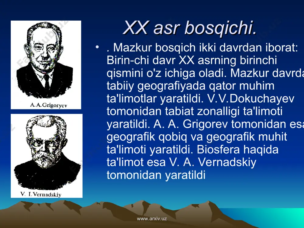 eografiyada fanlararo qo'llaniladigan matematik, gcoximik, geofizik va modellashtirish usullaridan ham foydalaniladi. hozirgi paytda tabiiy geografiyada matematik usullar juda sustlik bilan qo'llanilmoqda. ko'proq matematik statistika va ehtimollar nazariyasi qo'llanilmoqda. geografik obyektlar juda murakkab bo'lganligi uchun hozirgacha ularni matematik jihatdan ifodalash ancha murakkab masala hisoblanadi. shunga qaramasdan murakkab matematik tahlil usullari geomorfologik tadqiqotlarda keng qo'llanilmoqda (devdariani, 1973). geoximik usullar landshaftshunoslik tadqiqotlarida keng qo'llaniladi. geoximik usul yordamida landshaftshunoslikda xi-miyaviy elementlarni harakati o'rganiladi. ximiyaviy element-lar ko'proq balandliklardan pastqam joylar tomon harakat qiladi. natijada turli xil landshaftlar hosil bo'ladi. www.arxiv.uz www.arxiv.uz www.arxiv.uz www.arxiv.uz geoximik usullar landshaftshunoslik tadqiqotlarida keng qo'llaniladi. geoximik usul yordamida landshaftshunoslikda xi-miyaviy elementlarni harakati o'rganiladi. ximiyaviy element-lar ko'proq balandliklardan pastqam joylar tomon harakat qiladi. natijada turli xil landshaftlar hosil bo'ladi. geofizik usullar yordamida landshaftlarda sodir bo'ladigan energiya va modda almashinuvi jarayoni o'rganiladi. modellashtirish usuli tabiiy geografiyada keng qo'llaniladi. hozirgi paytda jamiyat va tabiatni o'zaro ta'sirini modellashti­rish tabiiy geografiyani va ekologik geografiyaning asosiy mu-ammolaridan …