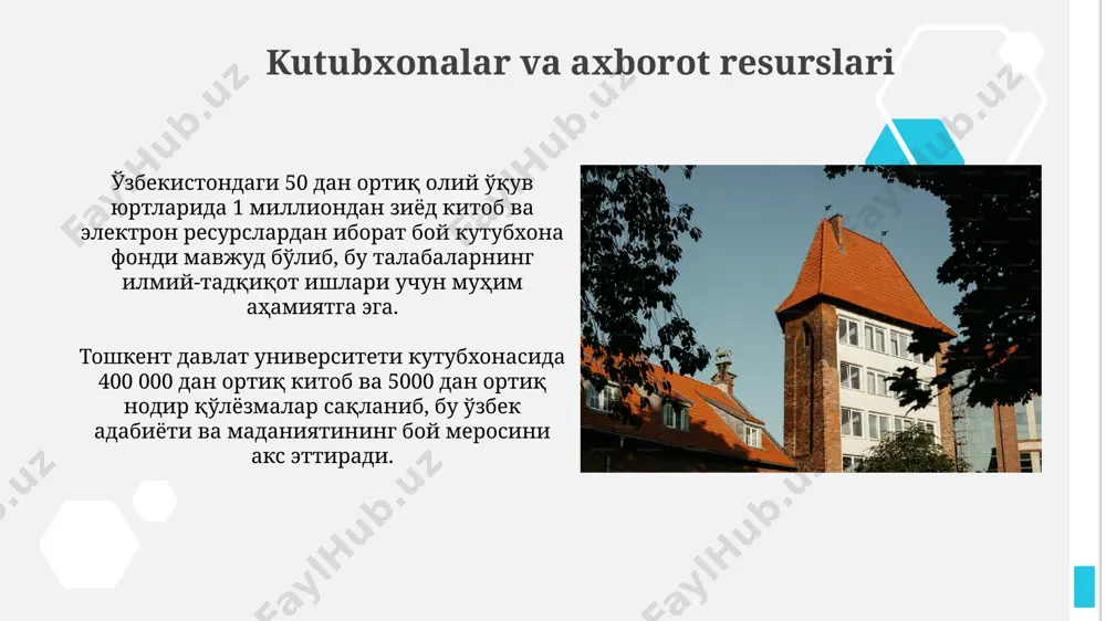 at yuritadi. ta'lim sifatini nazorat qilish samarqand viloyatidagi oliy ta'lim muassasalarida o'tkazilgan so'rovnomalar natijalariga ko'ra, talabalarning 75% “ta'lim sifatini nazorat qilish” tizimining samaradorligiga yuqori baho bergan. toshkent shahrida joylashgan “ta'lim sifatini nazorat qilish” markazi 150 dan ortiq mutaxassisni o'z ichiga oladi va yiliga 3000 dan ortiq audit o'tkazadi. institutlar va universitetlarning turlari baʼzi institutlar tor mutaxassisliklarga, masalan, samarqanddagi 1-tibbiyot instituti kabi tibbiyot yoki toshkentdagi inha universiteti kabi axborot texnologiyalari sohasiga ixtisoslashgan boʻlsa, universitetlar koʻplab sohalar boʻyicha dasturlar taklif qilishi mumkin. aqshdagi ivy league universitetlari kabi dunyoga mashhur universitetlarga qaraganda, oʻzbekistondagi baʼzi texnik institutlar 3-4 yillik oʻqish muddatiga ega boʻlib, oʻziga xos mutaxassisliklarni taklif qiladi. moliyalashtirish manbalari oʻzbekistondagi oliy taʼlim muassasalari davlat byudjetidan 2023-yilda 5 trillion soʻm miqdorida mablagʻ oldi, shuningdek, xalqaro grantlar va xayriya tashkilotlarining koʻmagi ham sezilarli hissa qoʻshdi. samarqand viloyatidagi qishloq xoʻjaligi yoʻnalishidagi institutlarning 15% evropa ittifoqining "horizon 2020" dasturi orqali 500 ming yevro miqdorida grant mablagʻlarini oldi. …