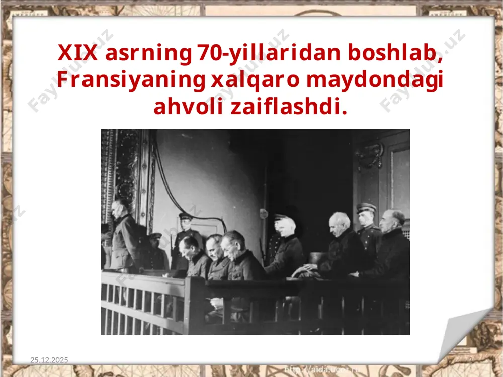 2-yilda „uchlar ittifoqi“ning tashkil etilganligi fransiya bilan rossiyani yaqinlashishga majbur etdi. 04.11.2019 13 1907-yilda esa rossiya 1904-yilda buyuk britaniya va fransiya o‘rtasida tuzilgan harbiy-siyosiy ittifoqqa qo‘shildi. 04.11.2019 14 shu tariqa antanta vujudga keldi va yevropaning buyuk davlatlari ikki harbiy-siyosiy ittifoqqa bo‘linib ketdi. savol va topshiriqlar 1. qanday sabablarga ko‘ra fransiyaning kontinental yevropadagi yetakchi davlatdek mavqeyi yo‘qqa chiqdi? 2. fransiya mustamlakachilik imperiyasi qay tarzda tashkil etildi? 3. fransiyani buyuk britaniya va podsho rossiyasi bilan yaqinlashishga majbur etgan omillarning o‘xshash va o‘ziga xos jihatlarini aniqlang. 04.11.2019 15 image2.jpeg image3.jpeg image4.jpeg image5.jpeg image6.jpeg image7.png image8.jpeg image9.jpeg image10.jpeg image11.jpeg image12.jpeg image13.jpeg image14.jpeg image15.jpeg image1.jpeg