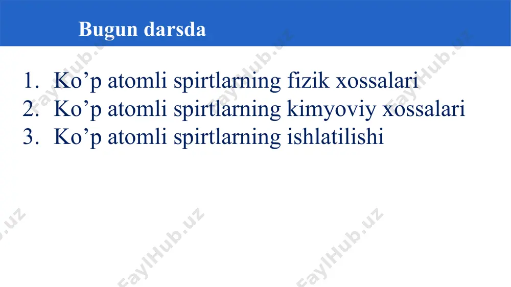 itserin (portlovchi modda) dinamit tayyorlashda ishlatiladi.glitserin antifrizlar tayyorlashda, kosmetikada (terini yumsahtishda), kon sanoatida ishlatiladi. ishlatilishi nitroglitserinning spirtdagi bir foizli eritmasidan yurak kasalliklarida dori-darmon sifatida foydalaniladi ( qon tomirlarini kengaytiradi). formatsiyada glitserin surtma moylar va pastalar tayyorlashda ishlatiladi. glitserin,shuningdek, oziq-ovqat sanoatida vino, limonadlarni shirinlashtirishda ishlatiladi. bilasizmi? suv bilan aralashtirilgan glitserin terini yumshatish uchun ishlatiladi. bu maqsadda suvsiz glitserinni qo’llash mumkin emas, chunki suvsiz glitserin gigroskopik modda bo’lgani uchun teri hujayralaridagi suvni tortib olish, ya’ni terini kuydirish xossasiga ega. mustahkamlash glitserinning natriy bilan reaksiya tenglamasini yozing ch2-o-h ch2-o-na ch-o-h +3na ch -o-na ch2-o-h ch2-o-na +1,5h2 mustahkamlash spirtlarga gallogenvodorodlar ta’sir ettirilganda qanday hodisa kuzatiladi? ch2-oh ch2-cl ch2-oh ch2-oh +h2o +hcl ch2-oh ch2-cl ch2-oh ch2-cl +2h2o +2hcl mustahkamlash glitserindan murakkab efir hosil bo’lish reaksiya tenglamasini yozing ch2-o-h ch2-o-no2 ch-o-h +3hno3 ch-o-no2 +3h2o ch2-o-h ch2-o-h nitroglitserin mustaqil bajarish uchun topshiriqlar “ko‘patomli spirtlarning fizik va kimyoviy xossalari. ishlatilishi” mavzusini o’qish. 2. 89-sahifadagi 4-topshiriqni bajarish. image1.png image2.png …
