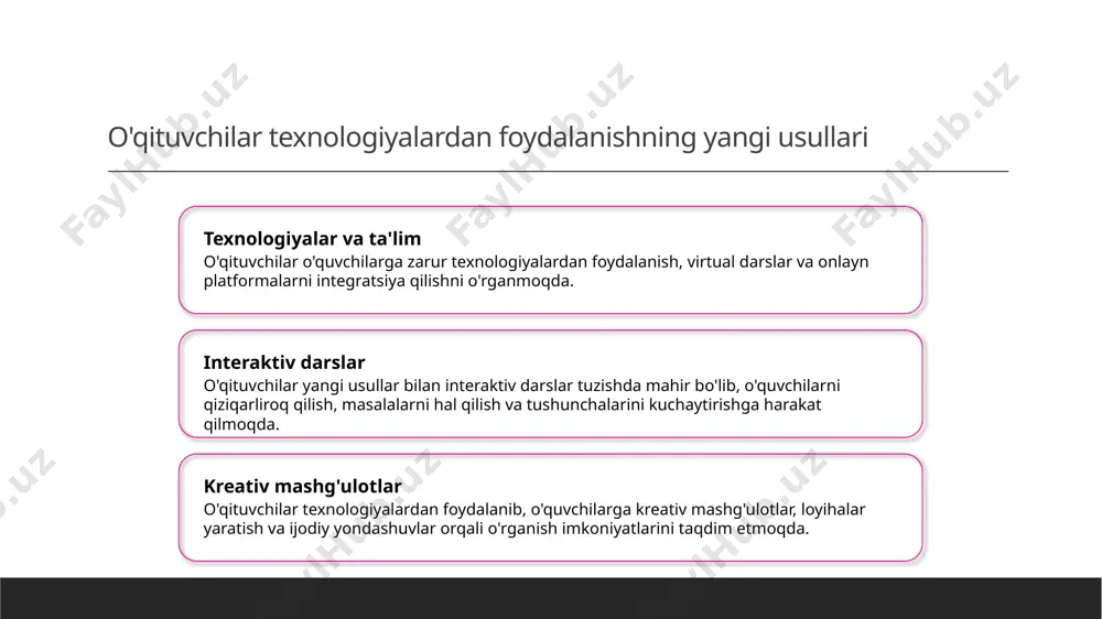 ga yordam berish uchun veb-saytlar va mobil ilovalar o'quv jarayonlarini yanada efektiv qilishga yordam beradi. 3 real va virtual texnologiyalar - real va virtual texnologiyalar, masalan, interaktiv doskalar va virtual realitetdan foydalanish, o'quvchilarga ma'lumotlarni o'qitish va yodlash jarayonini yanada qiziqarli va oson qilishda muhim rol o'ynaydi. talabalar qatnashishini oshirishning progressiv usullari talabalar qatnashishini oshirishning progressiv usullari, talabalar bilan interaktiv muloqotlar, amaliy mashg'ulotlar va yangi texnologiyalardan foydalanishni o'z ichiga oladi. bu usullar o'quvchilarni ilg'or yaratadi va ta'lim jarayonini qiziqarliroq qiladi. photo by bram naus on unsplash yangi tadqiqotlar va o'qitish usullari: tashqi ko'rik 1 yangi tadqiqotlar yangi tadqiqotlar o'quv jarayonini rivojlantirish uchun ko'plab ilmiy usullarni o'z ichiga oladi va talabalar uchun yangiliklar yaratadi. 2 o'qitish usullari o'qitish usullari o'quvchilarni ilg'or usulda o'qitish va ularning tushunchalarini rivojlantirishda muhim ahamiyatga ega. 3 tashqi ko'rik tashqi ko'rik o'quv jarayonida talabalar uchun o'quv materiallarini amaliyotga o'tkazish va nazariy tushunchalarni amalga oshirishda muhimdir. o'quv natijalarini oshirish …