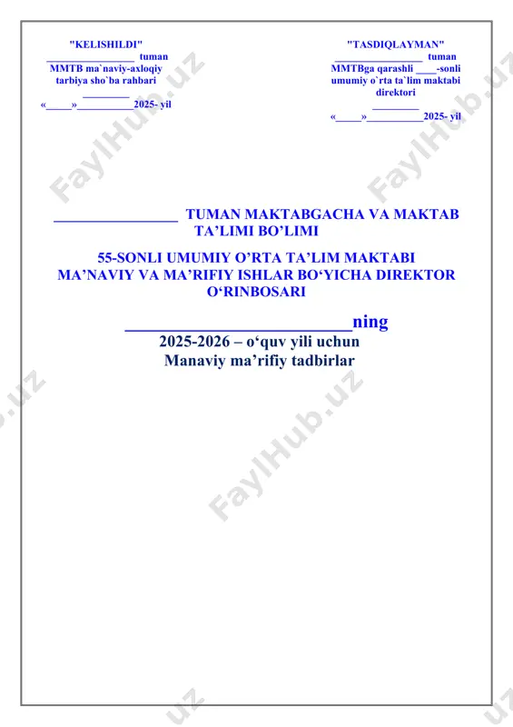 idlar izidan” tanlovi maktab kutubxonalarida “jadidlar izidan” klublari tashkil etish ona tili va adabiyoti fani o’qituvchilari 11 jadid ma’rifatparvarlari tomonidan yozilgan asarlarning mazmun-mohiyati targ‘ib qilish ona tili va adabiyoti fani o’qituvchilari 4--hafta 5. “besh tashabbus olimpiadasi” musobaqalarini o‘tkazish” haftaligi 1-4 “besh tashabbus olimpiadasi”musobaqalari o‘tkaziladi. 5 tashabus to’garak rahbarlari oktabr - ustoz va murabbiylarni ulugiash oyligi 1-hafta 6 “ustozga ehtirom!” haftaligi 1-4 maktab va mahalla hamkorligida “ustozim — oftobim” mavzusida madaniy tadbir tashkil etish. sinf rahbarlari 5-8 “o‘qituvchi va murabbiylar kuni”ga bag‘ishlangan chellenjlar o‘tkazish. sinf rahbarlari 9-11 “men o‘qituvchi bo‘laman” mavzusida o‘quvchilar tomonidan ochiq darslar o‘tkazish (fan o‘qituvchilari nazoratida o‘quvchilar tomonidan o‘z sinfiga dars o‘tadi). sinf rahbarlari 2-hafta 7. “ilm fan” haftaligi 1-4. “ilm-aql chirog‘i” mavzusidagi hikoyalarni o‘qib eshittirish. sinf rahbarlari 5-8-sinf yurtimizda ilm-fan sohasida olib borilayotgan islohotlar, yaratilayotgan imkoniyatlar va erishilgan natijalar haqida tushunchalar berish sinf rahbarlari 9-11 “huquqiy-ma’rifiy bilimdon” ijodiy ko‘rik-tanlovi o‘tkazish tarix va xuquq fani o’qituvchisi 3-hafta 8. …