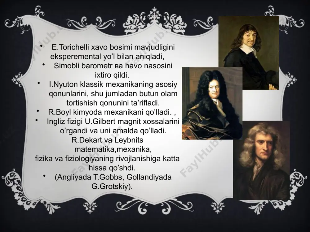 q bo’lgan qator muammolarni tadqiq qildi. o’zining optika sohasidagi ishlarini gyuygens yorug’lik haqida traktat» (1690) asarida jamladi. bu asarda u birinchi marta yorug’likning to’lqin nazariyasini bayon qildi. traktatning boblaridan birida island shpati kristallida ochilgan ikkilanma nur sinish hodisasini tushuntirib berdi. optik bir o’qli kristallardagi klassik sinish nazariyasi hozirda ham bayon qilinadi. “yorug’lik haqidagi traktat”ga “og’irlik sabablari” degan ilova qo’shilgan edi. bunda olim butun olam tortishish qonunini ochishga yaqin kelgan edi. gyuygensning ko’pchilik muhim ishlari avtor vafotidan keyingina bosilib chiqdi. shular jumlasiga, masalan, «jismlarning zarba ta’sirdagi harakatlari haqida », «dioptrika» va boshqalar kiradi optika sohasidagi yangiliklari blez paskal mashhur fransuz fizigi va yozuvchi blez paskal asarlarida gidrostatikaning asosiy prinsiplari oxirigacha rivojlantirildi. suyuqlikning idish devoriga yoki unga botirilgan jism sirtiga bo’lgan bosimning taqsimlanishi to’g’risidagi mashhur qonun paskal nomi bilan ataladi.bu qonunni paskal o’zining 1653-yilda yozilib, o’limidan so’ng nashr etilgan “syuqlikning muvozanagti to’g’risida traktat” asarida bayon qilgan. (1623-1662) robert guk (1685-1703) 1660-yilda ingliz …