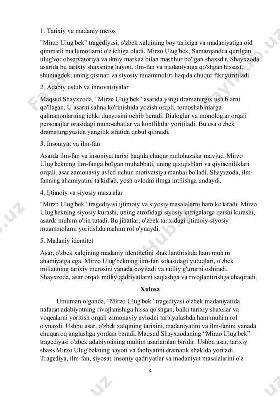 q ta’sir qiladi. ulug‘bek bilan abdulatif va uning atrofdagilar o‘rtasidagi qarama- qarshilik, umuman u bilan zamon o‘rtasidagi ziddiyat zindonda yotgan piri zindoniy bilan uchrashish lavhasida ham ochiladi, shu erda u o‘zini fojiaga olib kelgan ziddiyatlarning sababini anglab oladi. voqealar so‘ngida ulug‘bek abdulatifning munofiq, taxtparast ig‘vogar bo‘lib yetishganiga, uning shunday bo‘lishiga saroydagi muhit sabab bo‘lganiga qat’iy ishonch hosil qiladi. u dushman tomonidan shaharning qurshab olinishidan, xalqning och qolishi, noroziligining kuchayishidan dushmanning elchi yuborib taslim bo‘lishini talab etishidan azob chekadi, orzu - umidlari, ezgu niyatlari amalga oshmasligini his qiladi. "mirzo ulug'bek" tragediyasining o'zbek madaniyatidagi roli "mirzo ulug'bek" tragediyasi o'zbek madaniyatida muhim o'rin egallaydi. ushbu asar, o'zining tarixiy va madaniy ahamiyati bilan bir qatorda, adabiy merosimizning ajralmas qismi sifatida ham e'tirof etiladi. keling, uning o'zbek madaniyatidagi rolini bir necha asosiy jihatlarda ko'rib chiqamiz: 1. tarixiy va madaniy meros "mirzo ulug'bek" tragediyasi, o'zbek xalqining boy tarixiga va madaniyatiga oid qimmatli ma'lumotlarni o'z ichiga oladi. …