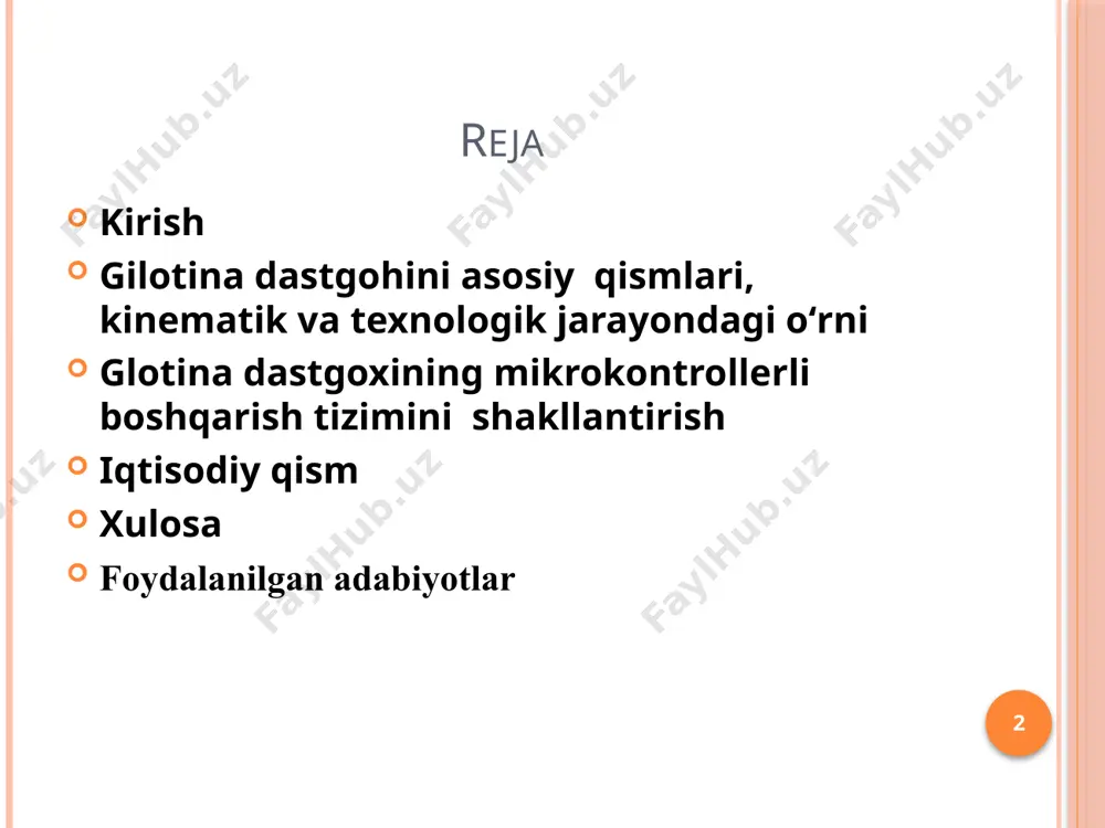 iqaradi. korxona avvaliga sobiq kommunar zavodi binosining bir qismida ijarada faoliyat olib borgan. hozirda o`z binosiga ega. ushbu bitiruv malakaviy ishimda andijon mashinastroitel korxonasidagi gilotina qurilmasini boshqarish tizimi takomillashtirish asosiy vazifa hisoblanadi. chunki ilgari ishlab chiqarilgan ushbu turdagi mashinalardan farqli o‘laroq, yangi mashina shovqinni kamaytiradi, asosiy komponentlarning chidamliligini oshiradi va aniqlik standartlarini uzoqroq vaqt davomida saqlaydi. elektr jihozlari keng boshqarish diapazoniga ega bo‘lishi va barcha zamonaviy talablarga javob beradi. jadval asosida tasmasini boshqarish alohida keng imkoniyatga egadir. giotina qurilmasi kesish vazifasini bajaruvchi qurilma hisoblanadi. korxonada 2008-yildan buyon bu qurilmadan foydalanib kelinadi. korxonadagi gilotina n3121 tipli qurilma hisoblanadi. 4 krank mexanizmi va elektromexanik debriyajli h3121.01 12x2500 mm gilyotin qaychi plitalar materialini uzunlamasına yoki ko'ndalang kesish uchun ishlatiladi. uzunlamasına kesish paytida pichoq bir nechta harakatlarni amalga oshiradi va kesilgan varaq ish stoli bo'ylab harakatlanadi, bu esa har qanday uzunlikdagi varaqni kesish imkonini beradi. mashinaning kesishishi kesilayotgan material uchun maksimal parametrlarga ega: kengligi …