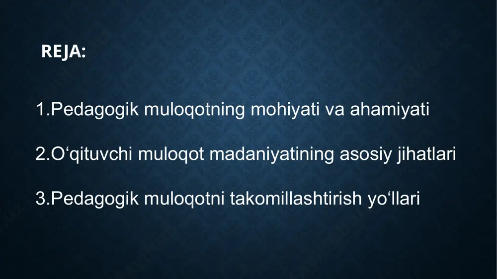 rda, tushunarli va ifodali tarzda quradi. o‘quvchilarning fikrini qadrlaydi, ularni faol tinglaydi. shuningdek, pedagog o‘zini tuta bilish, stressni boshqarish, konfliktni oldini olish ko‘nikmalarini namoyon etadi. o‘qituvchining muloqotdagi madaniyati dars muhitini ijobiy qiladi, o‘quvchilarning ishonchini oshiradi va o‘zaro hurmatni kuchaytiradi. bu esa ta’lim jarayonida motivatsiya va intizomni mustahkamlaydi. pedagogik muloqotni takomillashtirish yo‘llari pedagogik muloqotni takomillashtirishning asosiy nazariy yo‘nalishlari — kommunikativ kompetensiyani rivojlantirish, empatiya, hamkorlik va interfaol metodlarni qo‘llashdir. o‘qituvchi o‘quvchilarning yosh va psixologik xususiyatlarini hisobga olib, individual muloqot uslubini tanlaydi. bu esa o‘quvchilarda o‘z fikrini erkin ifoda etish, mustaqil fikrlash va o‘z-o‘ziga ishonchni shakllantiradi. shuningdek, pedagog zamonaviy texnologiyalar yordamida muloqotni yangicha shaklda olib borishi mumkin. amaliy jihatdan pedagogik muloqotni rivojlantirish uchun o‘qituvchi rolli o‘yinlar, debatlar, guruhli ishlash, muammoli vaziyatlarni hal etish mashqlaridan foydalanadi. bular o‘quvchilarning fikrlashini, nutqini va jamoada ishlash ko‘nikmalarini kuchaytiradi. o‘qituvchi o‘quvchilarni faol tinglash, ularni rag‘batlantirish va ijobiy baholash orqali muloqotni mustahkamlaydi. har bir darsda o‘zaro muloqot muhitini yaratish …