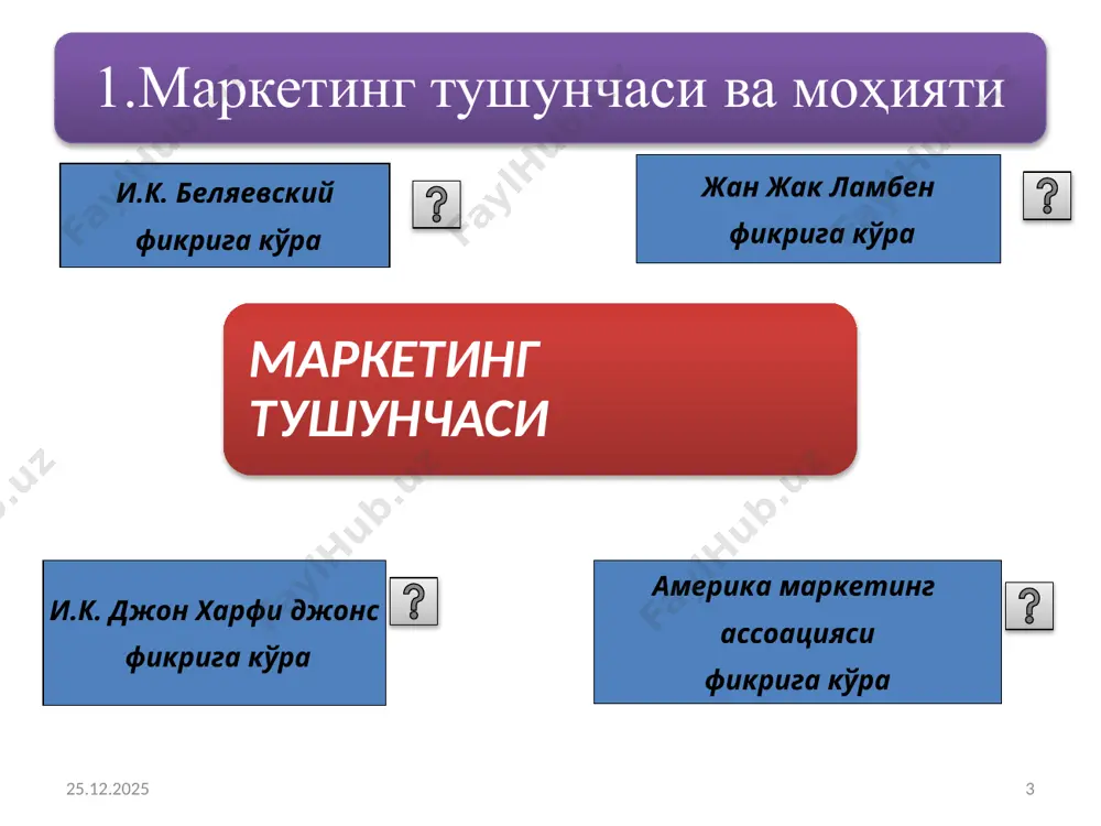 лиги туфайли махсулот узига жалб этадиган янги харидорларни кондириш лозим. 1. замонавий маркетинг тушунчаси бу-бозорга йўналтирилган ишлаб чиқариш ва товар сотиш бошқаруви тизимидир 15 бозор таркибини аниқлаш талабни ўрганиш сотиш шакли ва услубларини таҳлил этиш рақобат шароитларини тадқиқ қилиш товарни ўрганиш маркетинг йўналишлари 16 иктисодий корхонанинг омон колиш омиллари илмий-техникавий ахборотларни уз вактида олиш ижтимоий коньюнктура- тижорат маркетинг-микс кенг қўлланадиган шаклда 4 та маркетинг субмиксини ўз ичига олади. булар қуйидагилар: товар микси, шартнома микси, коммуникатив микс, таксимот микси. 3. маркетинг элементлари таркиби ва жараёни 18.07.2025 18 маркетинг тизими 5 «р» инсонлар (кишилар) силжитиш товарни бозорда жойлашиши нарх товарлар, махсулотлар афзалликлари ўраш, ғилоф (упаковка) товар товар маркаси рақобат- бар-дошлиги хизмат кўрсатиш кафолати ғилоф (упаковка) ҳажми бозорда позицияни эгаллаш товар бозорда муваффақият қозониши учун энг зарур бўлган омиллар ишлаб чиқариш ўраш, ғилоф (упаковка) сифат хом ашё мавжудлиги ишчи кучи муаммоси башорат қилиш ишлаб чиқариш жараёни учун энг зарур бўлган элементлар жой жойлаштириш …