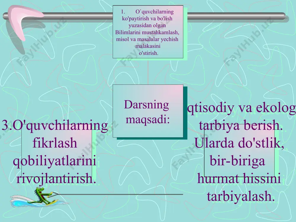 mkin. ertakchi momo:- raqamlar suv ichib, yana уоlgа tushishibdi. yol yurishibdi, yol yursa ham mo`l yurishibdi. endi oldilaridan «bo`lish» daryosi chiqib qolibdi. raqamlar ko'p yurib chanqagan ekanlar. suv sorashsa, u ham o'zining shartini qo`yibdi: «bo`lishga doir misollarni yechib berasizlar, keyin suv beraman». mustahkamlash uchun mashqlardan 3-5-6-misollarning bo`lishga doirlari yechiladi. 3-misol. 16 : 2 + 7 18 : 2 + 18 5-misol. 27 : 3 - 9 (15 + 3) : 3 24 : 3 + 56 (76 - 55) : 3 ertakchi momo: - barakalla, bolalar. sizlarning yordamingiz bilan raqamlar matematika shohi mamlakatiga eson-omon yetib borishibdi va u yerda ahil bo'lib yashay boshlabdilar. «matematika» kitobi: - bolalar, endi men ham sizlarning bilimingizni sinab koymoqchiman. darslikdagi 8-masalani yecha olsangiz, sizlarga qoyil qolardim. 6-misol. 21 : x = 3 masala sharti o'qitiladi, tahlil qilinadi va qisqacha sharti yozilgan lavha xattaxtaga ilinadi. yashikda - 8 kg pomidor yashikda - 4 kg ortiq pomidor …