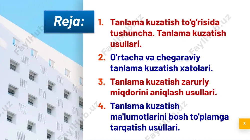 mo tafovutlar bo'ladi. chunki bosh to'plamda tanlamaga kiritilmagan boshqa birliklar ham bor. ana shu tafovutlar tanlamaning vakolatli (reprezentativlik) xatolari deyiladi. tanlama kuzatish to'g'risida tushuncha bu xatolar 2 xil ko'rinishda bo'lishi mumkin: 11 vakolatli tanlama xato – tanlama va bosh to'plam ko'rsatkichlari o'rtasidagi o'ziga xos farqdan iborat bo'lib, bu xato faqatgina tanlama kuzatishda o'z aksini topadi. tanlama kuzatish to'g'risida tushuncha tasodifiy xatolar: kuzatuvchining xohishisiz, unga bog'liq bo'lmagan holda sodir bo'lgan xatolar. bunday xatolar odatda kuzatuvchining toliqishi, charchashi, shuningdek, eskirib, raqamlari ko'rinar-ko'rinmas bo'lib qolgan hujjatlardan foydalanishi natijasida vujudga keladi. tasodifiy xatolar kuzatish natijalariga deyarli salbiy ta'sir ko'rsatmaydi. chunki bunday xatolar ham manfiy, ham musbat tomonlama bo'lishi mumkin va ular o'zaro qisqarib ketish xususiyatiga ega. 12 vakolatli tanlama xato – tanlama va bosh to'plam ko'rsatkichlari o'rtasidagi o'ziga xos farqdan iborat bo'lib, bu xato faqatgina tanlama kuzatishda o'z aksini topadi. tanlama kuzatish to'g'risida tushuncha muntazam xatolar: bunda yo'l qo'yilgan xatolar ko'zlanmagan va ko'zlangan bo'lishi …