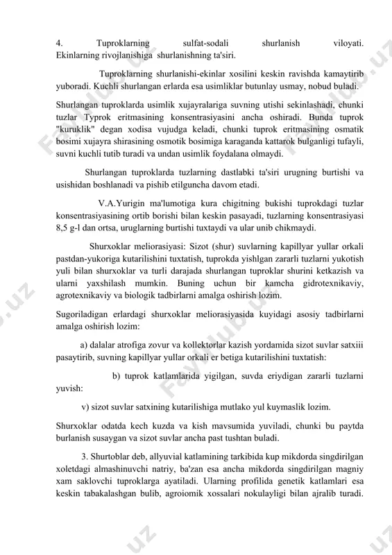 dan ortik. vk - illyuvial karbonatli gorizont, och ku'ngir rangda, vk -katlamga nisbatan kamrok zichlangan. s- turli tuman yotkiziklardan iborat ona jins bulib, tarkibida gips va turli suvda oson eriydigan tuzlar mavjud. shurtoblarning kelib chikishi xakida bir kancha nuktai-nazar mavjud. akademik k.k.gedroys ta'limotiga kura, shurtoblar natriy tuzlari kup bulgan shurxoklarning yuvilishidan paydo bulgan. v.v.vilyams shurtoblarni paydo bulishida biologik nazariyani ilgari surdi. bu nazariya buyicha tuprokdagi natriy tuzlarining asosiy manbai-shuvok, shura, kermek va boshka golofitli usimliklar xisoblanadi. keyingi yillarda va.kovdaning kuzatishlari shurtob tuproklar shurxok boskichini utmasdan xam paydo bulishini isbotladi. n.p.panov, na.gonchareva, p.u.uzokov va boshkalarning ma'lumotlariga kura singdirilgan magniy mikdori singdirilgan asoslar yirindisidan 40 % va undan kup bulganda, tuproklarning shurtoblanishi sodir buladi. klassifikasiyasi. 1.shurtob tuproklar shurlanish xarakteriga kura sodali. soda-sulfat-xlorvdlv va xlorid-sulfatli shurtoblarga ajraladi. 2. shurtoblanish darajasiga kura kuyidagi 5 gruppaga bulinadi: shurtoblanish darajasiga singdirish sirimiga nisbatan kura tuprok nomi singdirilgan natriy mikdori (% xisobida) shurtoblar >30 kuchli shurtoblar 20-30 …