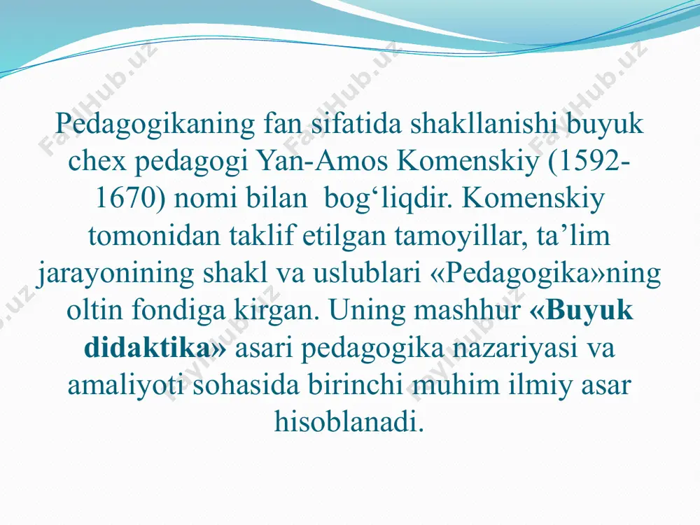 ov va kar bolalar)ni rivojlantirish, o’qitish va tarbiyalash masalalarini o’rganadi. pedagogik tizim 6. metodika-xususiy fanlarni o’qitish xususiyatlarni o’rganadi. 7.pedagogik mahorat –bo’lajak o’qituvchilarning kasbiy mahoratlarini oshirish, takomillashtirish muammolarini o’rganadi. 8.pedagogik texnologiya – ta’lim va tarbiya jarayonida zamonaviy pedagogik texnologiyalarini qo’llash, texnologik yondashuv asosida ta’lim tarbiya jarayonining samaradorligini oshirish muammolarini o’rganadi. 9. ijtimoiy pedagogika –shaxsni ijtimoylashtirish jarayoniga salbiy ta’sir etuvchi omillarni, ularni bartaraf etish yo’llarini, ijtimoiy yordamga muhtoj shxslar toifalariga ko’rsatiladigan ijtimoiy-pedagogik mohiyatini, turlari , shakl , metod va vositalarini o’rganadi. 10. kasbiy pedagogika –ta’lim oluvchilarga muayyan kasb yoki hunar yo’nalishida maxsus bilimlarni berish asosida ularda amaliy ko’nikma hamda malakalarni shakllantirish, kasbiy faoliyatni malakali tashkil etish, kasbiy mahoratni takomillashtirish masalalarini o’rganadi. 11.ta’lim menejmenti –ta’lim muassasalarining faoliyatini yo’lga quyish, boshqarish , nazorat qilish, istiqbolni belgilash masalalarini o’rganadi. 12.qiyosiy pedagogika –turli xalqlarning shaxsni tarbiyalashga oid pedagogik qarashlari, ta’lim-tarbiya tizimi, pedagogik ta’limotlarning mohiyati, shuningdek, jahon ta’limiga xos bo’lgan samarali shakl, metod vosita va innovatsion yondashuvlarni …