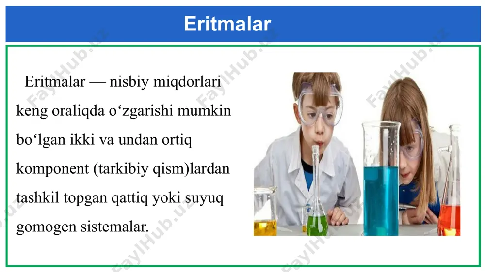 nacl 175 g suvda eritilishidan hosil bo‘lgan eritmaning foiz konsentrasiyasini (%) aniqlang. berilgan m1 = 25 g m2 = 175 g c% = ? hisoblash formula 25g 200g =12,5% javob: 12,5 % berilgan c% = 15% m2 = 200 g m1 = ? hisoblash formula javob: 30 g 15% li 200g nacl eritmasini tayyorlash uchun necha gramm tuz va suv kerak? = 30g 16 kimyoviy eritmalar mehmondan kelgan oila uy eshigini ochishi bilan «kasalxona hidi»ni his qilishdi. oila boshlig‘i bo‘lgan – ota tekshiruv o‘tkazdi. polda 5 g 5% li yodning spirtdagi eritmasi idishining singan bo‘laklari yotardi, shkaf tagida esa ikkita to‘polonchilar (mushuk va kuchukcha)ning ko‘zlari miltirardi. ota bo‘lib o‘tgan futbol o‘yini 1:1 hisob bilan tugaganini e’lon qilib, hammasini tinchlik bilan hal qildi. necha gramm yod va necha gramm spirt uyda « kasalxona hidi » chiqishiga olib keldi? e’tiboringiz uchun rahmat! image2.png image3.png image4.png image5.jpeg image6.gif image7.wmf image8.emf image9.png image10.emf image11.png …