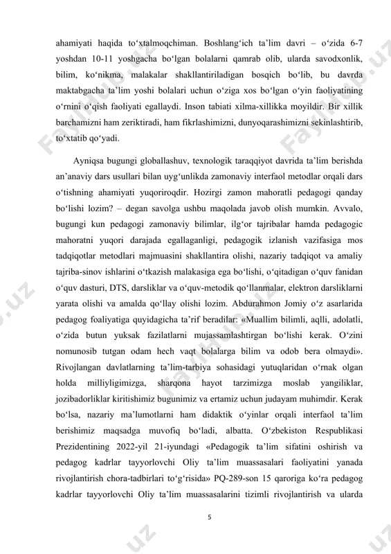 da ta’lim, ilm-fan va amaliyot uygʻunligini ta’minlash, oʻquv jarayonini takomillashtirish, yangi pedagogik texnologiyalar va oʻqitish metodlarini joriy etish koʻzda tutilgan.[footnoteref:2] xalq og‘zaki ijodini o‘rganish – xalq tarixi, urf-odati, an’analari, o‘y- kechinmalari, buguni va kelajagini tadqiq etish demakdir. unda millatning o‘zini anglashi, o‘zligini namoyon qilish xislatlari, intilishlari, hayot tarzi, dunyoqarashi aks etgan. [2: mirziyoyev sh.m. buyuk kelajagimizni mard va oliyjanob xalqimiz bilan birga quramiz t.: o‘zbekiston 2017 yil] yurtboshimiz islom karimov ta’kidlaganlaridek: “albatta, har qaysi xalq yoki millatning ma’naviyatini uning tarixi, o‘ziga xos urf-odat va an’analari, hayotiy qadriyatlaridan ayri holda tasavvur etib bo‘lmaydi. bu borada, tabiiyki, ma’naviy meros, madaniy boyliklar, ko‘hna tarixiy yodgorliklar eng muhim omillardan biri bo‘lib xizmat qiladi”.ana shunday yuksak ma’naviyatimizning asosi hisoblangan xalq og‘zaki ijodini tom ma’noda anglash uchun esa uning g‘oyaviy-badiiy va janr xususiyati, poetik strukturasi, tarixiy ildizlari hamda mifologik asoslari atroflicha tadqiq etilishi lozim bo‘ladi. xalq og‘zaki ijodini o‘rganishda bunday kompleks yondoshuv uning jonli og‘zaki ijro …