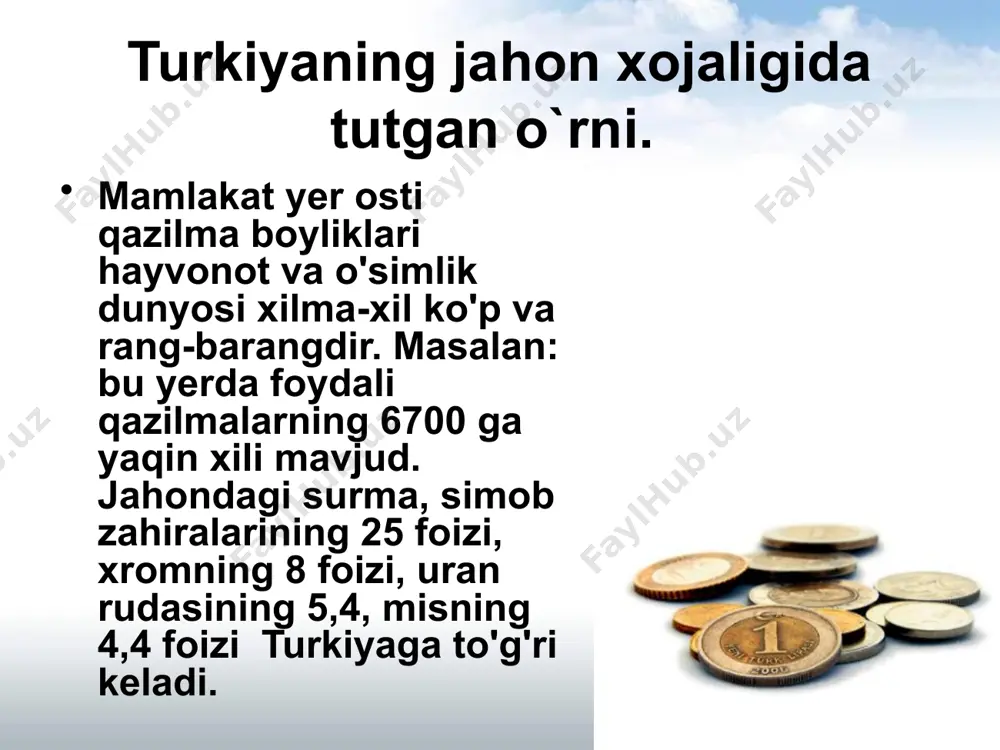 rqda kurdlar (4 mln.k) arablar (700 ming) janubda va shimoliy sharqda rayonlarda 1-chi jahon urushigacha turkiyada 2,5 mln. armyanlar yashagan. 1915-1922 yillari turkiyada armyanlarni xaydash va ŏldirish boshlandi. natijada 1,5 mln. armyanlar ŏldirildi. hozir 100 ming.ga yaqin yashaydi. dini – islom-sunnat oqimiga mansub ŏrtacha zichligi – 55 kishi 1km2 dungiz bŏylari zich (100 kishi 1 km2) sharqida va janubiy rayonlarida kŏchmanchilar. shahar aholisi 45%, 5ta shaharda aholisi 1 mln.dan ortiq. stambul, izmir, adona, anqara, burso. пул бирлиги (валюта) муомалада турк лираси мавжуд, у 100 қурушга баробардир. айирбошлаш курси тез-тез ўзгариб туради. шу сабабли, пулнинг ҳаммасини алмаштириш шарт эмас. деярли ҳамма жойда тўловлар учун евро ва ақш доллари қабул қилинади. банклар иш кунларида фаолият кўрсатадилар: душанбадан жумагача эрталаб 08:30 дан 12:00 гача ва 13:30 дан 17:00гача. айирбошлаш шохобчалари эса, деярли ярим тунгача ишлайди, аэропортлардагилари эса, тинимсиз ишлайди. меҳмонхона ва дўконларда асосан кредит карталари қабул қилинади, улар: visa, american express, master card …
