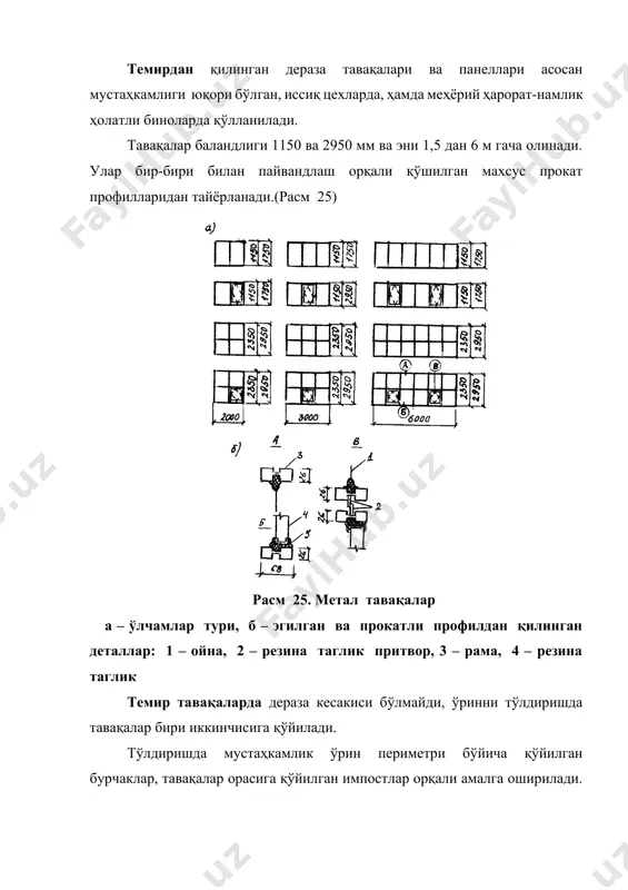 да, шедасимон ва зенит фонарлар. (расм 30) расм 30.ёруғлик (ёруғлик+аэрация) фонарларини асосий турлари а – тўғрибурчакли, б,в – трапециясимон, г – уч бурчакли, в – м- шаклида, е – шедасимон, ж-и – зенит тўғри бурчакли фонарларли ёруғлик ойналари вертикал жойлашган, инсоляция ва кирланиш кўп эмас, сув ўтказмайди ва тозалаш осон. бундай фонарларни ўрнатиш оддий ва ундан фойдаланиш яхши, камчилиги ёруғлик активлиги нисбатан камроқ. трапеция шаклидаги фонарлар ойналари горизонтга нисбатан 70 – 80о бурчак остида жойлашган, шунинг учун уни ёруғлик активлиги яхши, лекин инсоляция ва кирланиши юқори, очиқ тавақаларда сув оқиши мумкин ва тузилмавий ечими мураккаброқдир. учбурчакли фонарлар профили учбурчак бўлгани учун ойналар ўрнатилган юза қиялиги горизонтга нисбатан 450 бўлади. улардан фақат ёритишда фойдаланилгани учун ойналари очилмайдиган қилинади. ёритиш хусусияти яхши бўлгани билан, бундай фонарлар кам ўрнатилади, чунки уларда инсоляция юқори, тузилмалари мураккаб ва тозалаш қийин бўлади. м шаклидаги фонарларга ойналар вертикал ва қия жойлаштирилади, камчиликлари юқорида кўрилгандан улар фақат ҳаво …