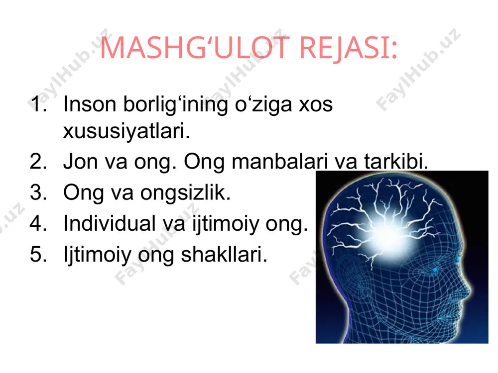 in’ikos – moddiy ob’ektlarning boshqa moddiy ob’ektlar izlarini ular bilan o‘zaro ta’sirlashishda qoldirish xususiyati. in’ikosning elementar formalari mexanik fizik ximik biologik (faqat tirik organizmlarga xos) biologik in’ikos shakllari ta’sirlanish – biologik aksning eng sodda shakli – tirik organizmlarning predmetlar va atrof olam hodisalariga reaktsiyasi. masalan, barglarning issiqlikka qovjirashi, soyaning “quyosh izidan” harakati. sezuvchanlik – biologik aksning ancha yuqori shakli – tirik organizmlarning atrof-olam sezgilar shaklida aks ettirish qobiliyati. psixik aks – hislarning tizimlashtirish, tushunish, tirik organizmlarning (hayvonlar, ayniqsa, yuqori hayvonlar) olamfa ko‘nikish maqsadida xulqni modellashtirish, kelib chiqayotgan standart va nostandart holatlarga momental javob bera olish, to‘g‘ri echim topa olish qobiliyati. ong – biologik aksning yuqori shakli. inson va qisman yuqori hayvonlarga xos. ong – atrof olamning eng to‘liq aks ettirish va uni tushunish, mavhumlashtirishga, refleksiyaga (fikrlash orqali yangi fikrlar olish, ya’ni ongning o‘z-o‘ziga yo‘nalganligi) qobiliyati, predmet – amaliy faoliyatga qodirlik, ongni etkazish imkoniyati (fikrni aks ettiruvchi va etkazuvchi alohida mexanizm …