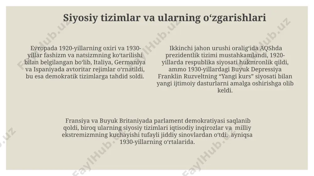 i avangard harakatlarning gullab-yashnash davri boʻldi, parij bu harakatlarning markazi boʻlib, koʻplab rassomlar va yozuvchilarni oʻziga tortdi. 1920-yillarda qoʻshma shtatlarda jazz musiqasi va harlem renessansi kabi yangi adabiy va badiiy oqimlar paydo boʻlib, 30-yillarda buyuk depressiya taʼsiri ostida ijtimoiy realizm janri keng tarqaldi. germaniyada 1930-yillardan keyin natsistlarning hokimiyatga kelishi bilan ekspressionizm singari adabiyot va sanʼat turlari taʼqiqlandi va "milliy sotsialistik sanʼat" deb ataluvchi propaganda uslubi hukmron boʻldi. madaniy va ijtimoiy oʻzgarishlar 1930-yillarda aqshning janubiy shtatlarida jim crow qonunlari tufayli irqiy ajratish kuchayib, afro-amerikaliklarning 20 foizdan ortiqrog'i qashshoqlik chegarasidan pastda yashagan, bu esa ijtimoiy tafovut va tengsizlikning chuqurlashuviga olib keldi. 1920-yillarning oxirida aqshda radioeshittirishning tez sur’atlarda tarqalishi, 10 millionlab amerikaliklarning ommaviy madaniyatga kirishiga va bir xil axborot oqimiga bog’lanishiga olib keldi, bu esa milliy birlik tuyg’usini kuchaytirdi. buyuk depressiya davrida, 1930-yillarda, evropada fashizmning koʻtarilishiga qarshi boʻlgan ijtimoiy noroziliklar kuchayib, koʻplab san’atkorlar va yozuvchilar oʻz asarlarida siyosiy repressiya va ijtimoiy adolatsizlikni aks …