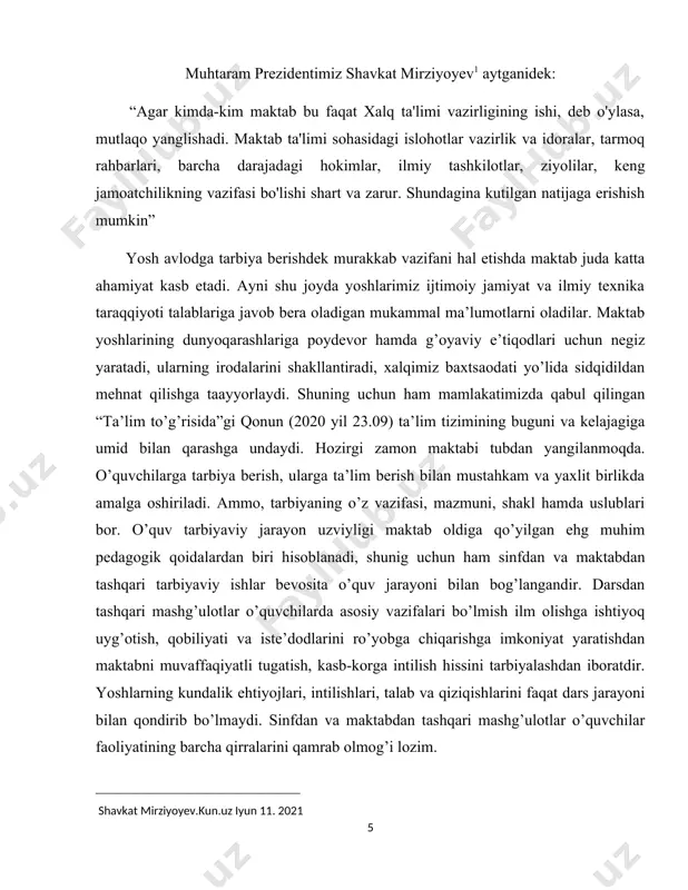 sinflardagi o‘quvchilarning bilim darajasini aniqlashni maqsad qilib olmog‘i mumkin. o‘quv ishlari bo‘yicha direktor o‘rinbosari kirgan har bir dars yozma tahlil qilinib, alohida daftarga yozib qo‘yilishi ma’qul. maktab o‘quv ishlari bo‘yicha direktor o‘rinbosari metodika ishlariga quyidagicha rahbarlik qiladi: 1. shu yilda maktab oldiga qo‘yilgan vazifalarni nazarda tutib, maktabdagi metodika ishlari rejasining loyihasini tuzib chiqadi. 2. metodik hujjatlarning to‘g‘ri yuritilishini kuzatib boradi, pedagoglar yig‘ilishi va metodik kengashlarga ma’ruzalar tayyorlashda yordam beradi. 3.o‘qituvchilar orasida tajriba almashish, yosh va tajribasi kam o‘qituvchilarga yordam berish ishlarini yo‘lga qo‘yadi. bu ish o‘z kasbini yaxshi bilgan o‘qituvchilarning yosh, tajribasi kam, ishga yangi kelgan o‘qituvchilarning darsiga kirishi va ularga har xil ko‘rsatmalar berishi, metodika jihatidan yuksak saviyada o‘tkazilgan dars namunalarini ko‘rsatish maqsadida yosh o‘qituvchilarni tajribali o‘qituvchilarning darslariga taklif etish, nazorat ishlarining mavzusi va mundarijasi masalalarida maslahatlar berish kabi shakllardan iborat bo‘ladi. maktab hayoti murakkab va ko‘p qirrali hayot yo‘lidir. binobarin, maktab rahbarlarining vazifalari ham xilma-xil. o‘quv ishlari bo‘yicha …
