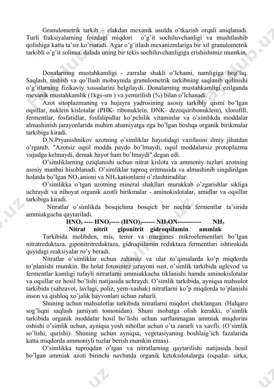 iakli selitraning gigroskopiklik balli - 9,3; karbamidda - 3,6; donador qo’sh superfosfat va oddiy kukunsimon superfosfatda tegishlicha 4,7 va 5,9. kaliy sulfatida gigroskopiklik balli -0,2- 0 bo’lsa, kaliy xloridda- 3,2-4,4. gigroskopiklik yuqori bo’lgan hollarda o’g’itlar qotib qoladi, donalarning mustahkamligi yo’qolib, sochiluvchanlik xususiyati yomonlashadi. o’g’itlarni tashish va saqlash sharoitlari, qoplash turlari ularning gigroskopikligi bilan bog’liq. o’g’itlarni qoplamasdan tashish va saqlash gigroskopikligi 3 ball va undan past bo’lgan o’g’itlar uchun tavsiya etiladi. gigroskopikligi o’rtacha 4-6 ball bo’lgan o’g’itlar bitum bilan to’yintirilgan qog’oz yoki polietilen qoplarda saqlanadi. yuqori gigroskopikligi (7-10 ball) o’g’itlarni faqat germetik polietilen qoplarda saqlash tavsiya etiladi. nam sig’imi. o’g’itlarning sochiluvchanligi ularning nam sig’imiga bog’liq. to’lik nam sig’imi, o’g’itlarning mexanizmlar yordamida sochiluvchanlik xossasini ta’minlab qolgan maksimal namligiga tengdir. qotib qolish. bu ko’rsatkich bir qator omillarga bog’liq. masalan: namliq gigroskopikliq donadorliq tarkib saqlash sharoiti va davomiyligi. qotib qolish darajasi 7 ballik tizim bo’yicha baholanadi. o’ta tez mushtlashib qoluvchi o’g’itlarga karbamid (0,2-1,0 mm …