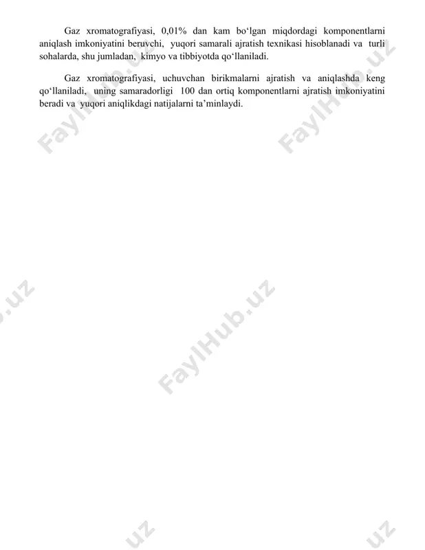 yuqori samarali ajratish texnikasi hisoblanadi va turli sohalarda, shu jumladan, kimyo va tibbiyotda qo‘llaniladi. gaz xromatografiyasi, uchuvchan birikmalarni ajratish va aniqlashda keng qo‘llaniladi, uning samaradorligi 100 dan ortiq komponentlarni ajratish imkoniyatini beradi va yuqori aniqlikdagi natijalarni ta’minlaydi. 📌xulosa радиоактив анализ ва бошқа аналитик усуллар моддаларнинг таркибини аниқ ва самарали таҳлил қилиш имконини беради, бу эса турли соҳаларда, жумладан, тиббиёт, экология ва саноатда муҳим аҳамиятга эга. 📚foydalanilgan adabiyotlar 1. "radioaktiv analiz va boshqa analitik usullar" mavzusidagi adabiyotlar ro'yxati (manbalar turli ma'lumotlar bazalaridan olingan bo'lib, ularning to'liqligi va mavjudligi kafolatlanmaydi). 2. (manba 1 nomi va tafsilotlari) 3. (manba 2 nomi va tafsilotlari) 4. (manba 3 nomi va tafsilotlari) 5