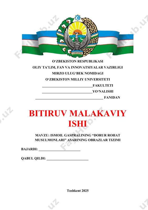 arzda yaxshi anglab yetishlari mumkinligi masalasi edi. buning uchun turkiy xalqlarning shonli o‘tmishi, ularning zamonaviy ahvollarini tartibga solish, kelajak taraqqiyotlari uchun bugundan harakat qilishlari lozimligini uqtirishi kerak. ismoil gasprali turkistonning yangi tarixi, ya’ni rossiyaning bosqini va undan keyingi davr tarixini yaratishga targʻib qilish barobarida o‘zi ham bu ishga kirishar ekan, o‘lkaning o‘tmishi barcha turkiy xalqlar uchun ibrat bo‘la olishiga asosiy e‘tibor qaratdi: “yunon tarixlarida transoksaniya, arab tarix kitoblarida movarounnahr, bizning turkiy tarix asarlarida esa chigʻatoy yurti, dashti qipchoq va so‘ng zamonlarda turkiston viloyati nomlari bilan mashhur buyuk qit‘aning o‘tmishdagi kechirgan voqealari juda ibratnamodir”.[footnoteref:1] [1: becker seymour. russia’s protectorates in central asia: bukhara and khiva, 1865 – 1924. harvard university press, cambidge, massachusetts,2020.] mavzuning obyekti va predmeti. ismoil gaspralining “dorur rohat musulmonlari” asari tadqiqot obyekti hisoblanadi. ismoil gaspralining “dorur rohat musulmonlari” asarining obrazlar tizimi ishning predmetini tashkil qiladi. mavzuning maqsadi va vazifalari. keyingi yillarda ismoil gaspralining “dorur rohat musulmonlari” asarining obrazlar …