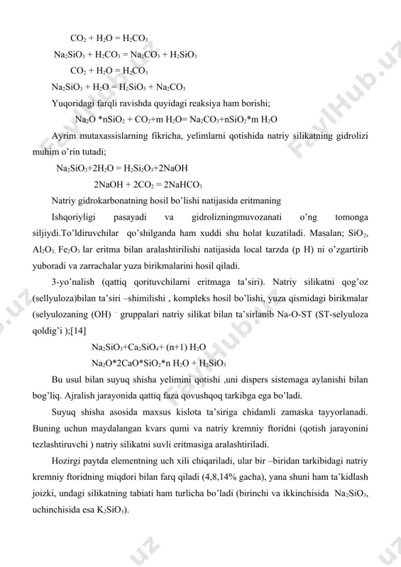 (birinchi va ikkinchisida na2sio3, uchinchisida esa k2sio3). kislota ta’siriga chidamli zamaskalar ta’sirini to’ldiruvchilari sifatida kislota ta’siriga chidamli kvars ,kvars qumi , diabaz, garnit va boshqalar (99,6% gacha ) tashkil etadi. eruvchan shishaning optimal moduli qiymati zamaskaning yuqori chidamliligi va kimyoviy nuqtayi nazardan 2,8 dan 3,1 gacha ortib boradi. natriy kremniy ftoridning kerakli “suv ta’siriga chidamliligi “ni hosil qilish uchun suyuq shisha konsentratsiyasi va moduliga bog’liq ravishda stexnometrik nisbatlarda kiritish lozim . bundan tashqari zamaskaga 5% li silikagel ham kiritish mumkin. zamaskaning qotish jarayoni ortokremniy kislotasining gel’ini hosil bo’lishi bilan boradi. tezlashtiruvchi aralashmalarsiz gel hosil bo’lishi sekin borib, doimiy ravishda natriy silikatning gidrolizlanishidan hosil bo’ladi; na2sif6 + 2na2sio3 + 6h2o = 6naf + 3si(oh)4 reaksiya quyidagi bosqichlarda borishi mumkin; na2sif6 + 4h2o = 2naf + 4hf + si(oh)4 na2o * m sio2 + h2o = 2naoh + m sio2 * (n-1) h2o naoh + hf = naf + h2o bu usul …