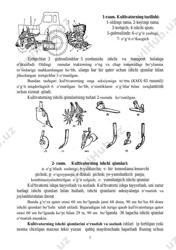 t sepish apparatlarining sepish notekisligi, ko„pi bilan 8-10%; o„g„it solgichlari o„g„itlarni g„o„zaning rivojlanishiga qarab 23-24 sm dan 14-16 sm gacha chuqurlikda va g„o„za qatoridan 15-18 sm dan 28-30 sm gacha uzoqlikda tuproqqa ko„mib ketishi lozim. kul'tivator (1-rasm) oldi 1 va orqa 2 ramali seksiyalardan iborat bo„lib, uning har bir qatordagi tortqichlari 3 ga ishchi qismlar 4 mahkamlanadi. 2 tortqichlar 3 gidrosilindrlar 5 yordamida ishchi va transport holatiga o„tkaziladi. oldingi ramalar traktorning o„ng va chap tomonidagi bo„ylanma to„sinlariga mahkamlangan bo„lib, ularga har bir qator uchun ishchi qismlar bilan jihozlangan tortqichlar 3 o„rnatilgan. bundan tashqari kul'tivatorning orqa seksiyasiga to„rtta (kmx-65 rusumli) o„g„it miqdorlagich 6 o„rnatilgan bo„lib, o„simliklarni o„g„itlar bilan oziqlantirish uchun xizmat qiladi. kultivatorning ishchi qismlarining turlari 2-rasmda ko„rsatilgan. 2- rasm. kultivatorning ishchi qismlari: a- o„g„itlash soshnigi; b-yulduzcha; v- bir tomonlama kesuvchi pichok; g- o„qyoypanja; d-diskali pichok; ye-yumshatkich panja; kombinasiyalashtirilgan o„g„it solgich; z- yumshatgich ishchi qismlar kul'tivatorni ishga tayyorlash va sozlash. kul'tivatorni …