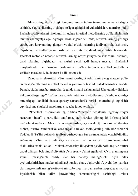 kiritish mumkin: o'zim tekshiraman, hikoya, «u kim, bu nima?, topag‘on, noto'g‘ri jumla, bo'lishi mumkin ema, ―harflarni top, o'qib ko'r-chi, davom ettir, safar, sirli so'z, zanji, o'yin – topishmoq, bu meniki, tez javob, rebu‖, krossvord».pedagogik amaliyot jarayonida qo‘llanilgan ushbu o'yinlarning ayrimlaridan misollar keltiramiz.―hikoya o'yinida, o'qituvchi doskaga bir nechta so'z yozib qo'yadi. o'quvchilar mustaqil ravishda shu so'zlar ishtirokida hikoya tuzadilar. hikoya tuzish jarayonida o'quvchilarning lug‘at boyligi ortishi bilan birgalikda, gaplarni to'g‘ri tuzish, tovushlarni to'g‘ri tashkil qilish va mustaqil fikrlash malakasi shakllanadi.o'quvchilarning vaqt-vaqti bilan rag‘batlantirish ularning o'ziga bo'lgan ishonchini orttiradi. bu o'yindan ona tili darslarida yoki darsdan tashqari mashg‘ulotlarda, to'garaklarda foydalanish mumkin. vazifalar: · boshlang‘ich ta’lim tizimida interfaol metodlarning mohiyatini o‘rganish. · boshlang‘ich ta’limda interfaol metodlarning turlarini va ularning samaradorligini tahlil qilish. · interfaol metodlarni boshlang‘ich sinflarda qo‘llashning amaliy ahamiyatini o‘rganish. · interfaol metodlarning o‘quvchilarning faolligini oshirishdagi o‘rni va samaradorligini tahlil qilish. · o‘quvchilarni mustaqil fikrlashga o‘rgatish uchun interfaol metodlarni joriy etish bo‘yicha …