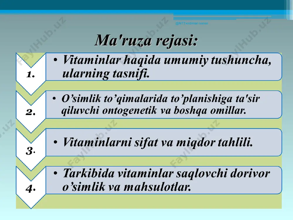 ali * karotinga boy dorivor o’simliklar va mahsulotlar chakanda mevasi va moyi tirnoqgul guli @mttxodimlari kanali @mttxodimlari kanali vitamin k1 saqlovchi dorivor o’simlik va mahsulotlar gazanda bargi makkajo’xori onalik gulining ustunchasi bilan og’izchasi @mttxodimlari kanali @mttxodimlari kanali bozulbang guli jag’ - jag’ yer ustki qismi @mttxodimlari kanali @mttxodimlari kanali suvda eruvchi vitaminlar askorbin kislota (vitamin s) rangsiz, suvda yaxshi, spirtda yomonroq eriydigan kristall modda. o'simliklarda qutblangan nur tekisligini o'ngga va chapga buradigan stereoizomerlar holida uchraydi. o'ngga buruvchi izomerining biologik ta'siri ancha kuchsiz. @mttxodimlari kanali @mttxodimlari kanali suvda eruvchi vitaminlar saqlovchi dorivor o’simliklar tahlili askorbin kislotani sifat reaktsiyasi yordamida aniqlash etilatsetat - konts. sirka kislotaning 80:20 2,6-dixlorfenolindofe-nolyat natriyning suvdagi 0,04% li (yoki 0,001n) eritmasi purkaladi. @mttxodimlari kanali @mttxodimlari kanali askorbin kislota miqdorini aniqlash (xi df) bunda, a- titrlash uchun ketgan 0,001 mol/l 2,6-dixlorfenolindofenolyat natriy eritmasi; f- yuqoridagi eritmani to’g’rilash omili; b- mahsulotdan tayorlangan ajratmani ml miqdori; c- titrlash uchun olingan ajratmani …
